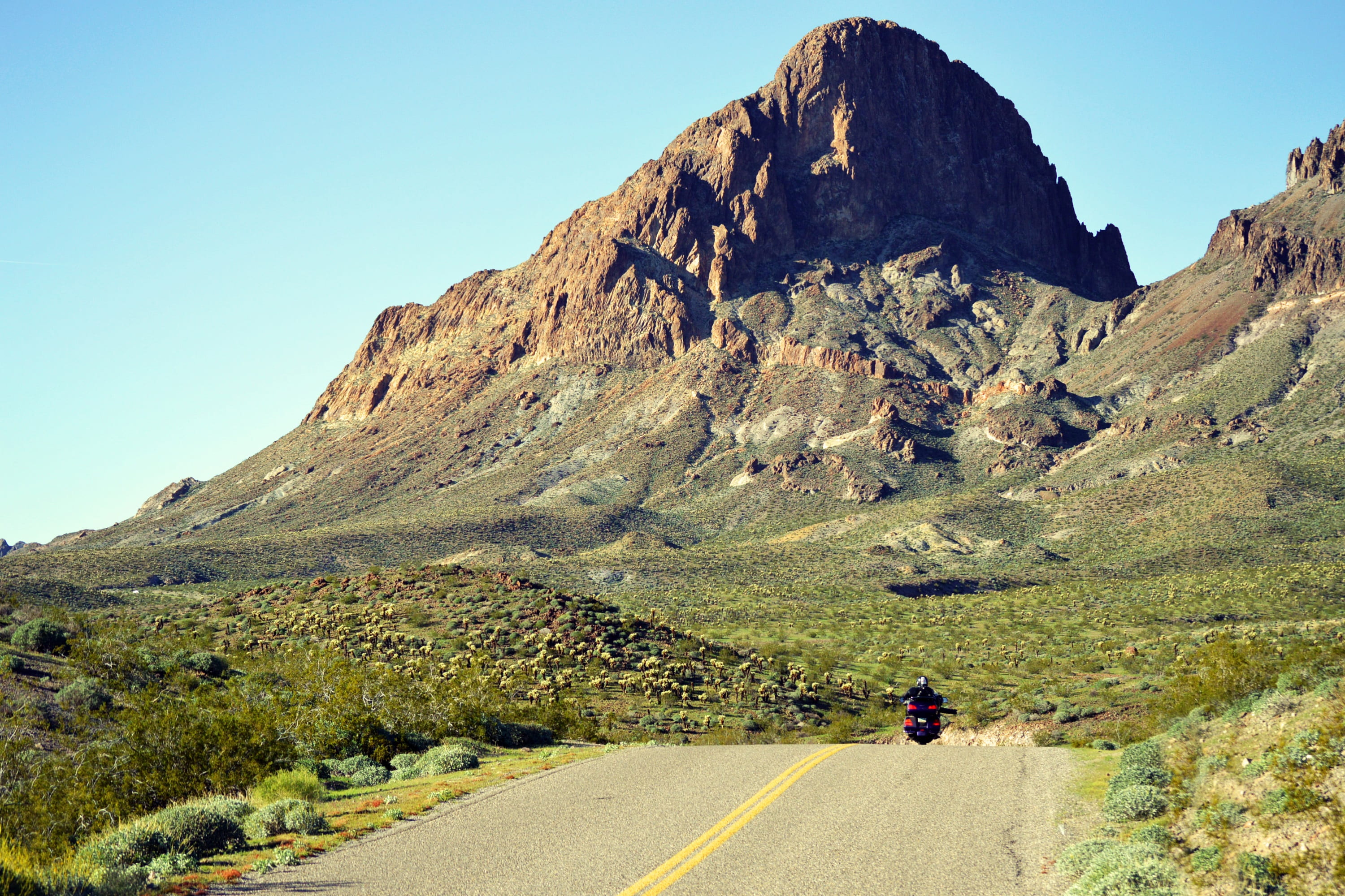 clear, scenery, mountain range, arizona, motorcycle, scenic, hill, west, direction, day, tourism, route, rocky mountains, person, road trip, oatman, 2K, HD Wallpaper