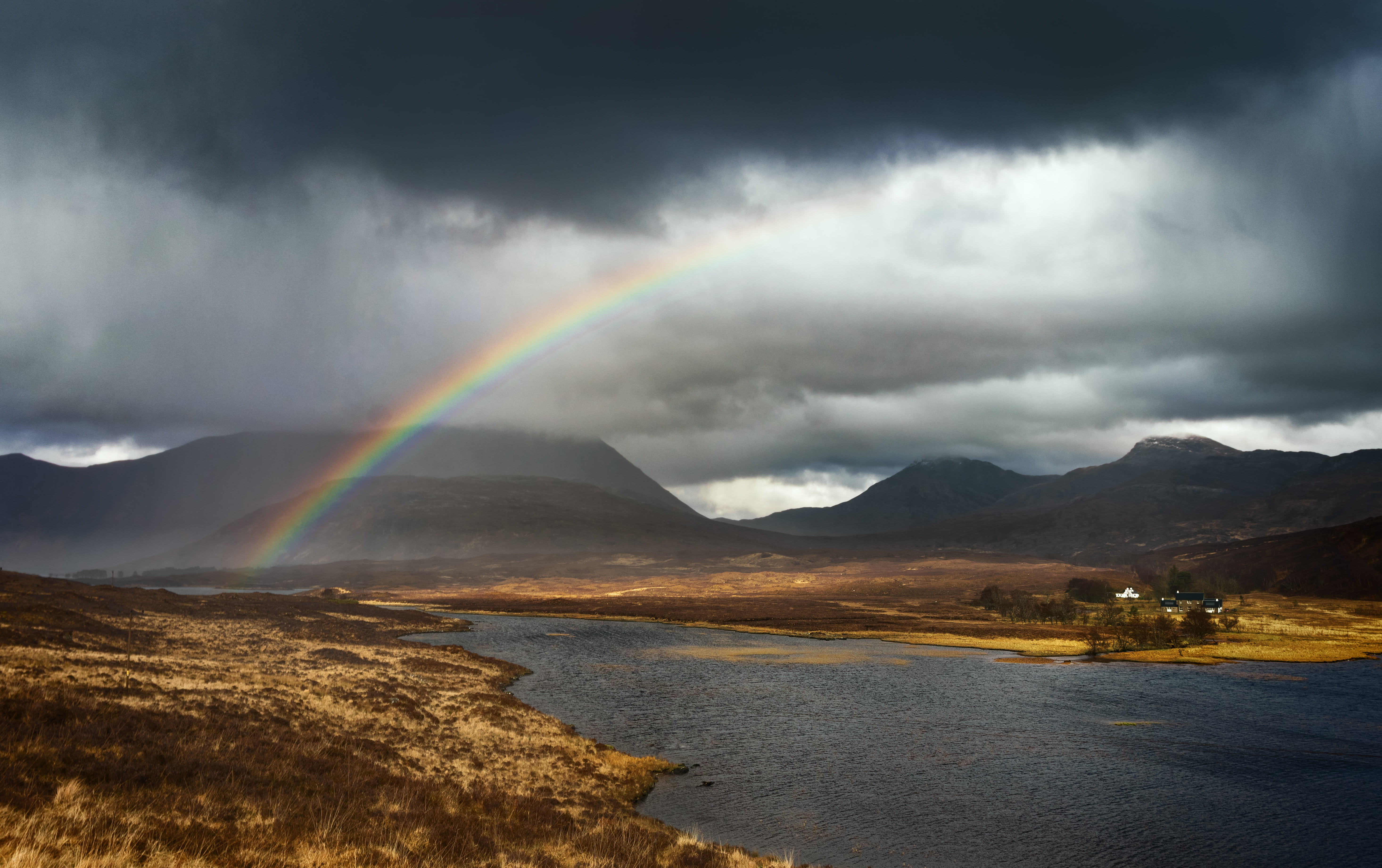 rainbow, lake, Loin, 5K, landscape, iceland, Shieldaig, scenics, water, mountains, near, Paint, whole world, Loch, outdoors, clouds  house, sky, mountain, HD Wallpaper