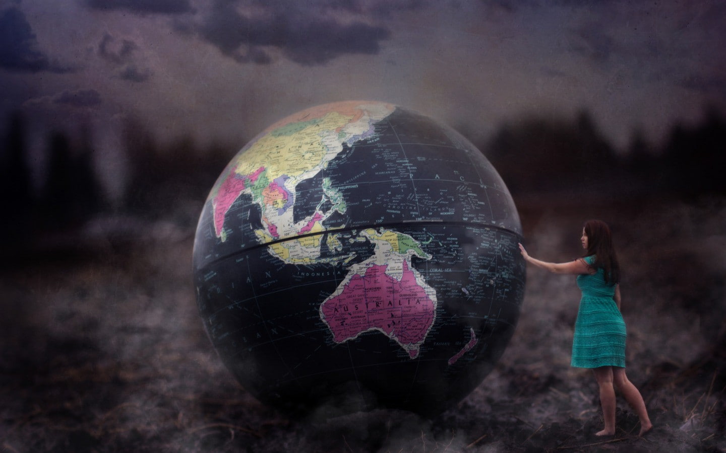 model, Earth, depth of field, barefoot, globes, long hair, Australia, Asia, clouds, 720P, brunette, photo manipulation, blue dress, nature, women, scratches, HD Wallpaper