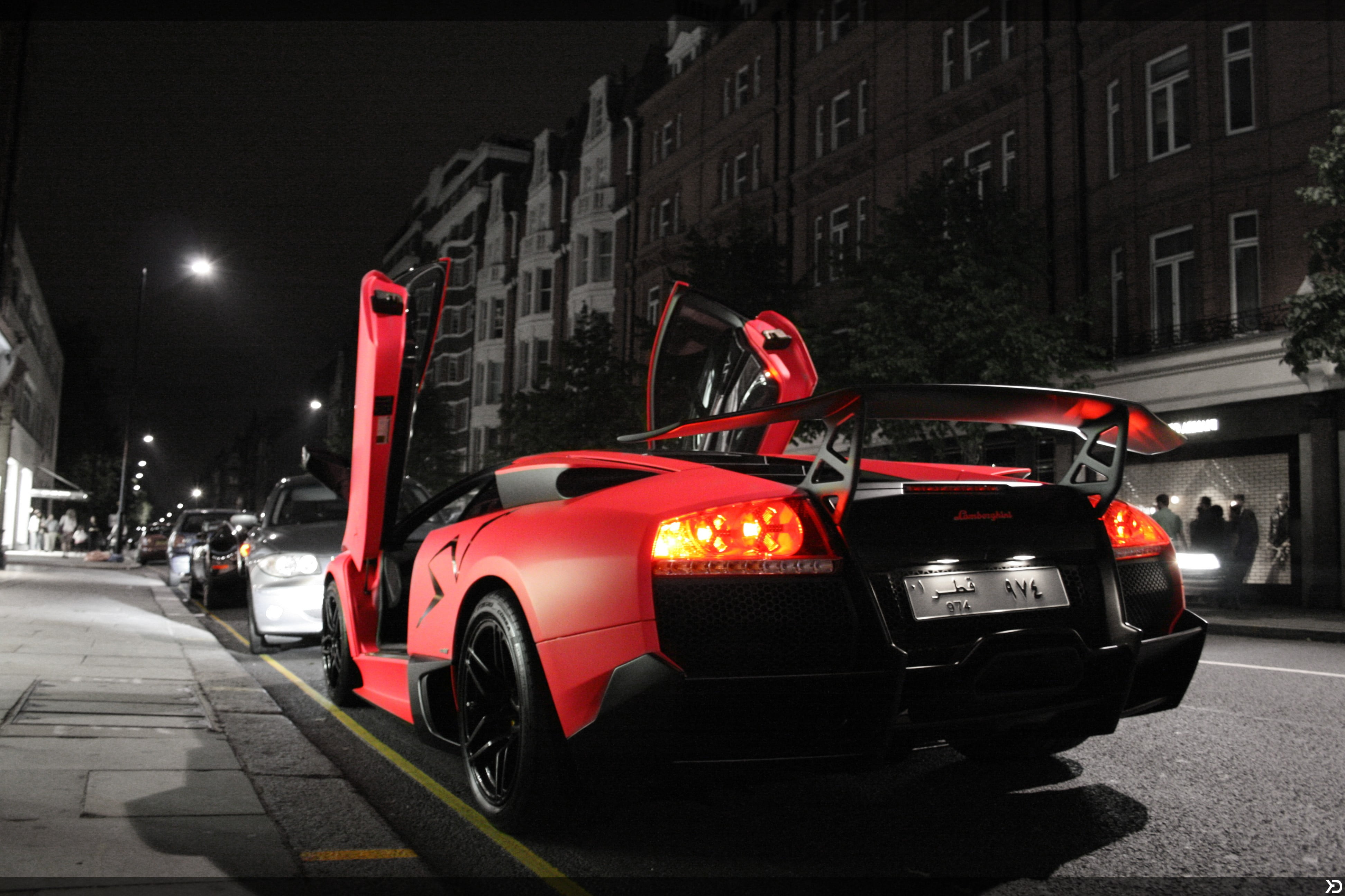 4K, city street, motor vehicle, Lamborghini, city life, Lamborghini Murcielago, street, city, tail light, night, illuminated, travel, transportation, road, HD Wallpaper