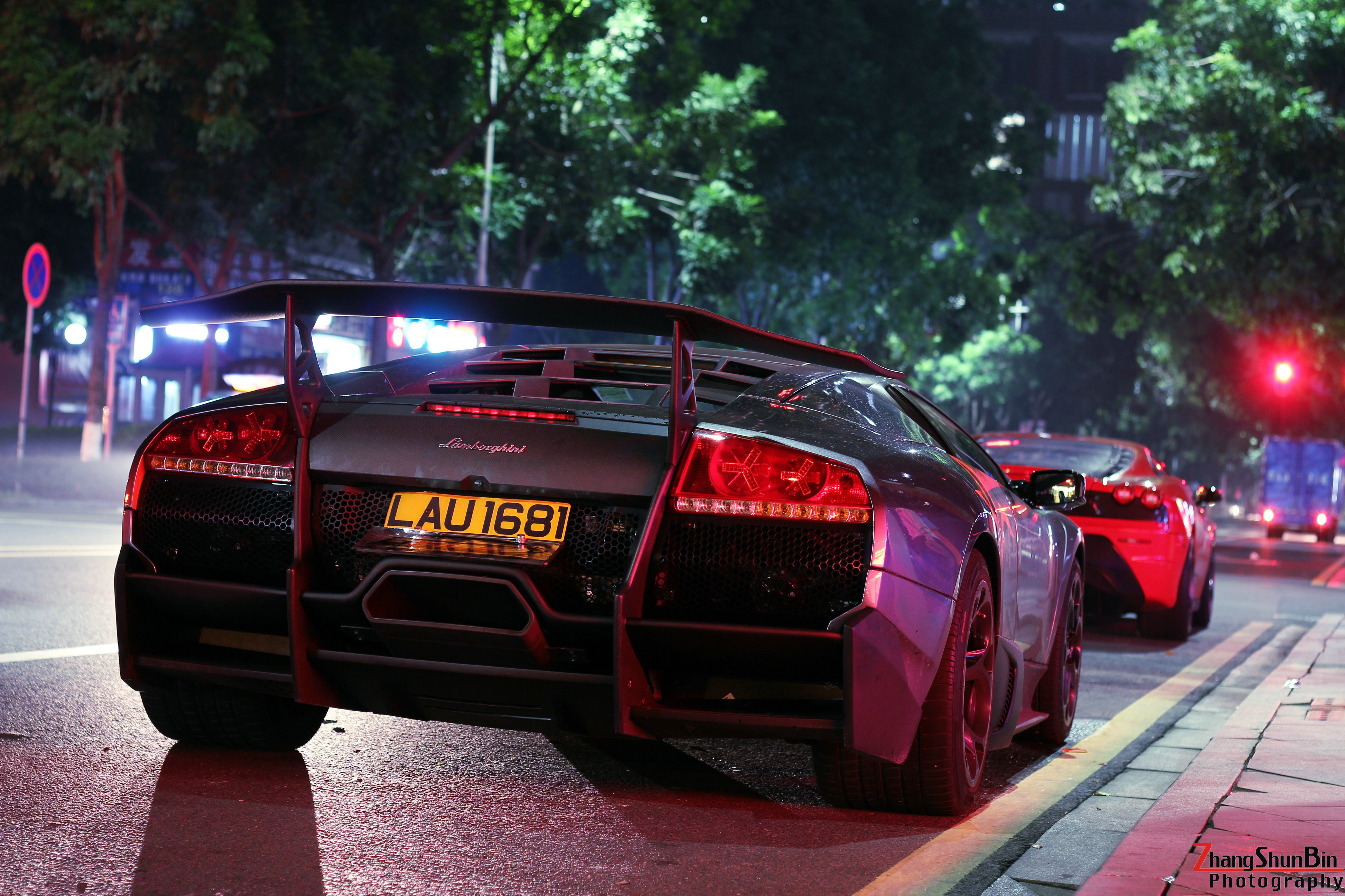 transportation, red, land vehicle, tree, architecture, Lamborghini Murcielago, taxi, text, outdoors, government, city, focus on foreground, mode of transportation, HD Wallpaper