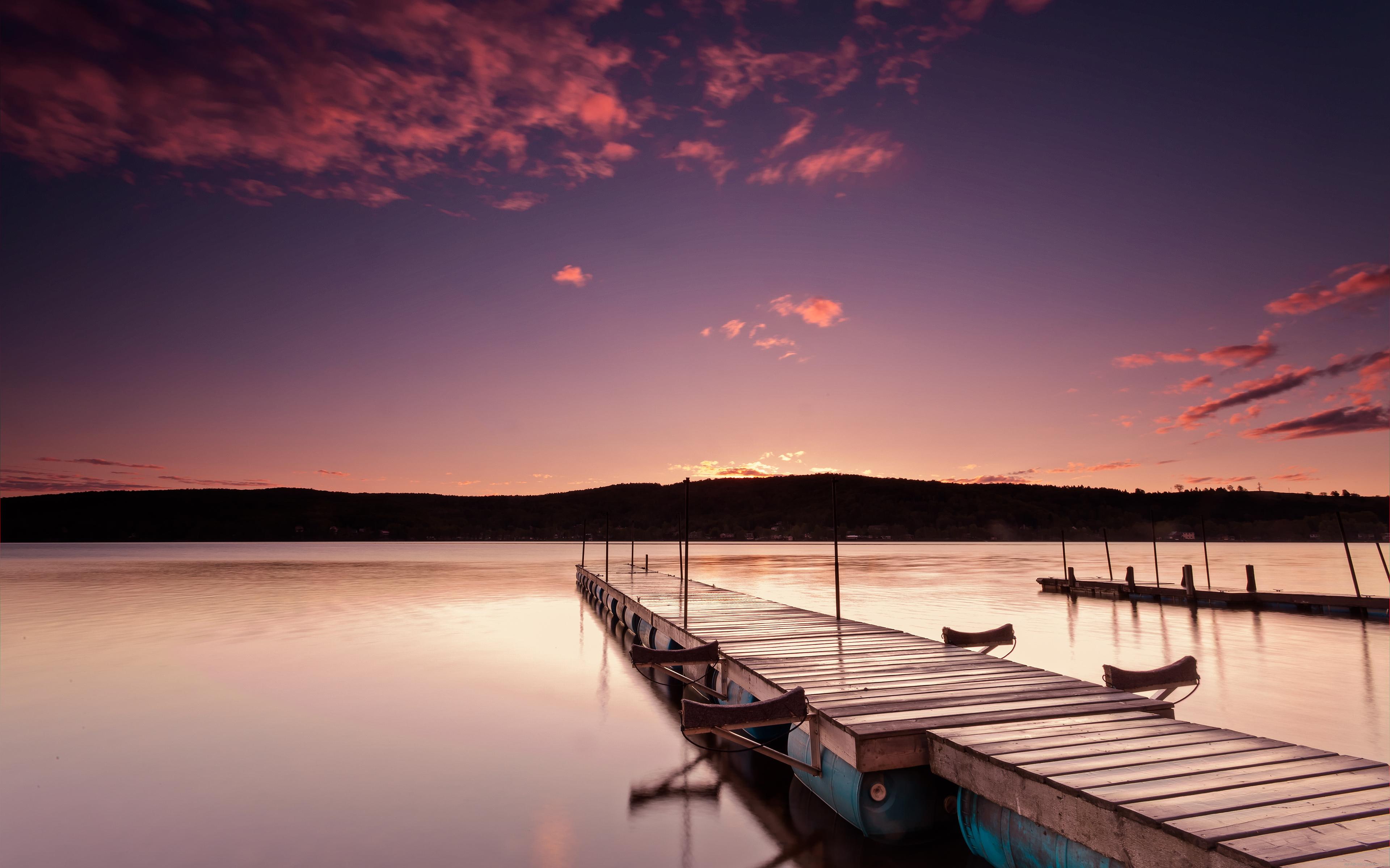 sunset, 4K, dock, brown, lack, wooden, romantic, pontoon, landscape, sea, pink, HD Wallpaper