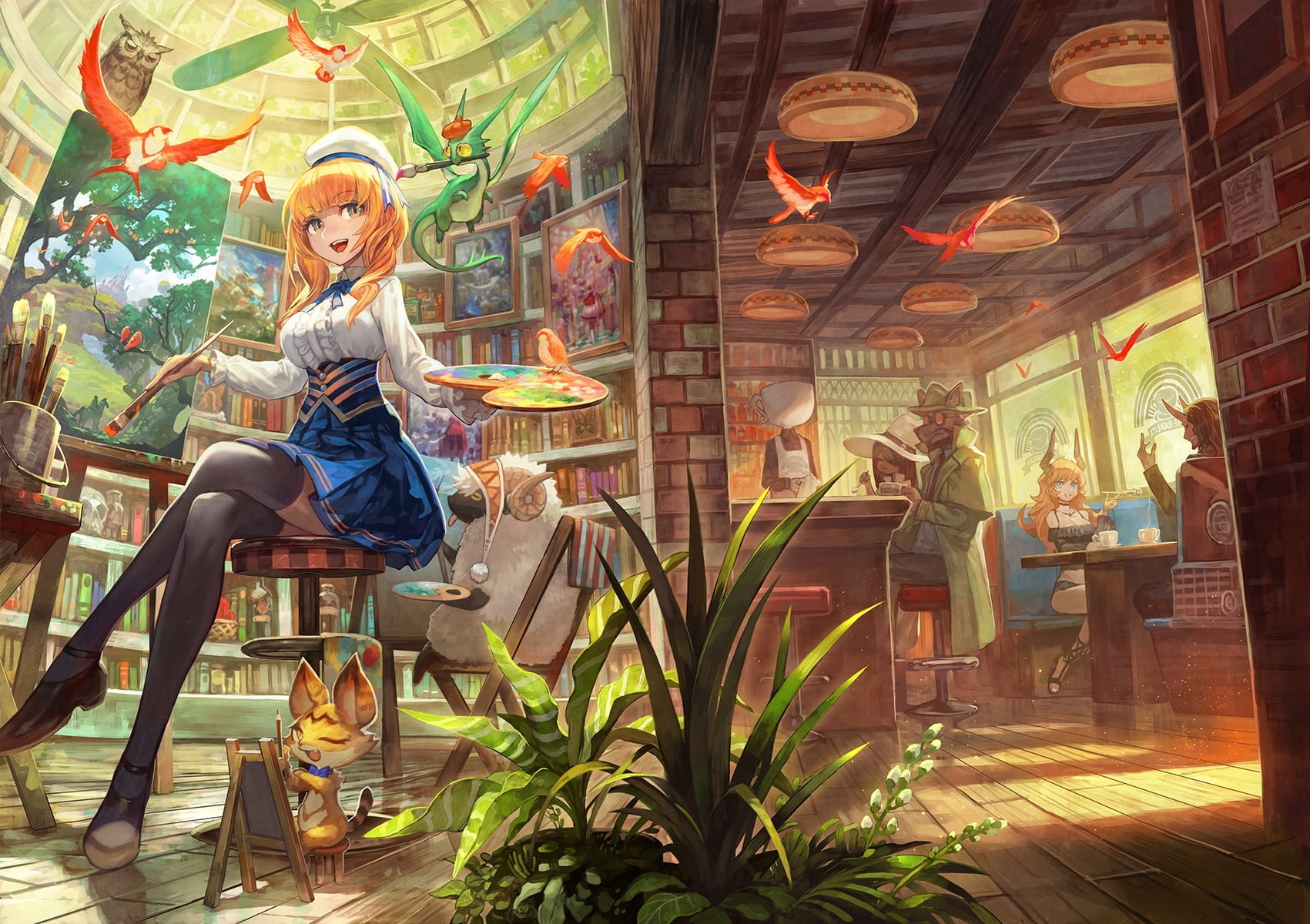 blonde, skirt, hat, 720P, hair, book, konachan, animal, com, bird, lack, thighhighs, horns, original, twintails, flowers, dragon, short, 250147, HD Wallpaper