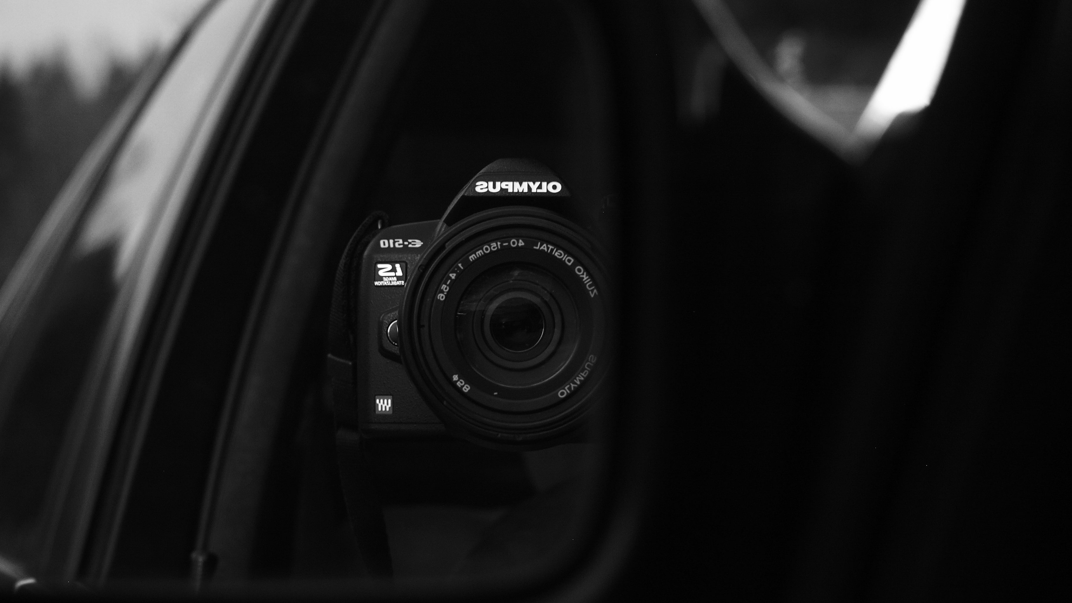 lens, vehicle, Olympus, reflection, mirror, car, monochrome, 2K, camera, HD Wallpaper