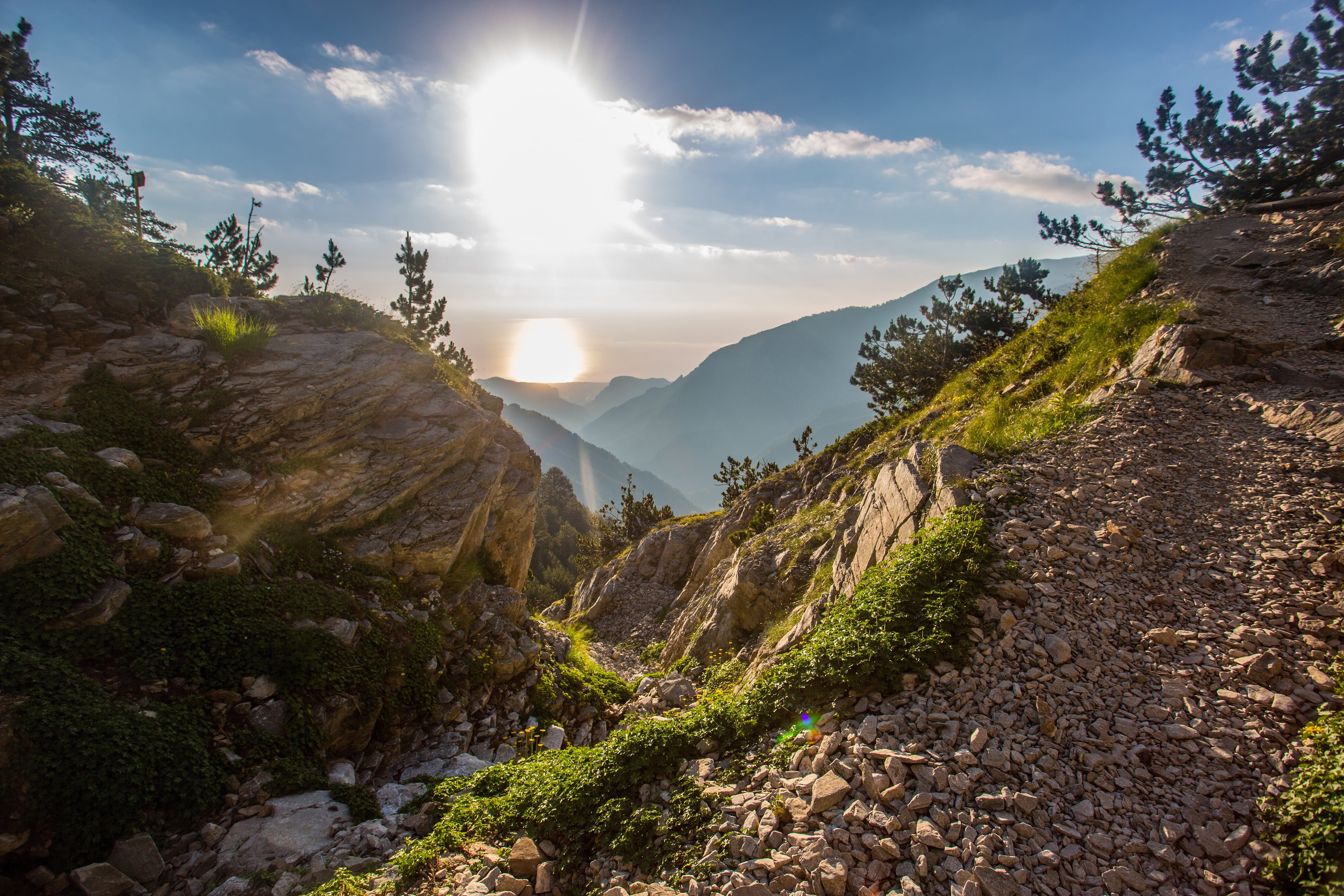 plants, water, bright, nature landscape, sunrise, rocks, outdoors, 5K, natural, tranquil scene, sun, trees, sky, scenics - nature, mountain, sunbeam, mountains, HD Wallpaper