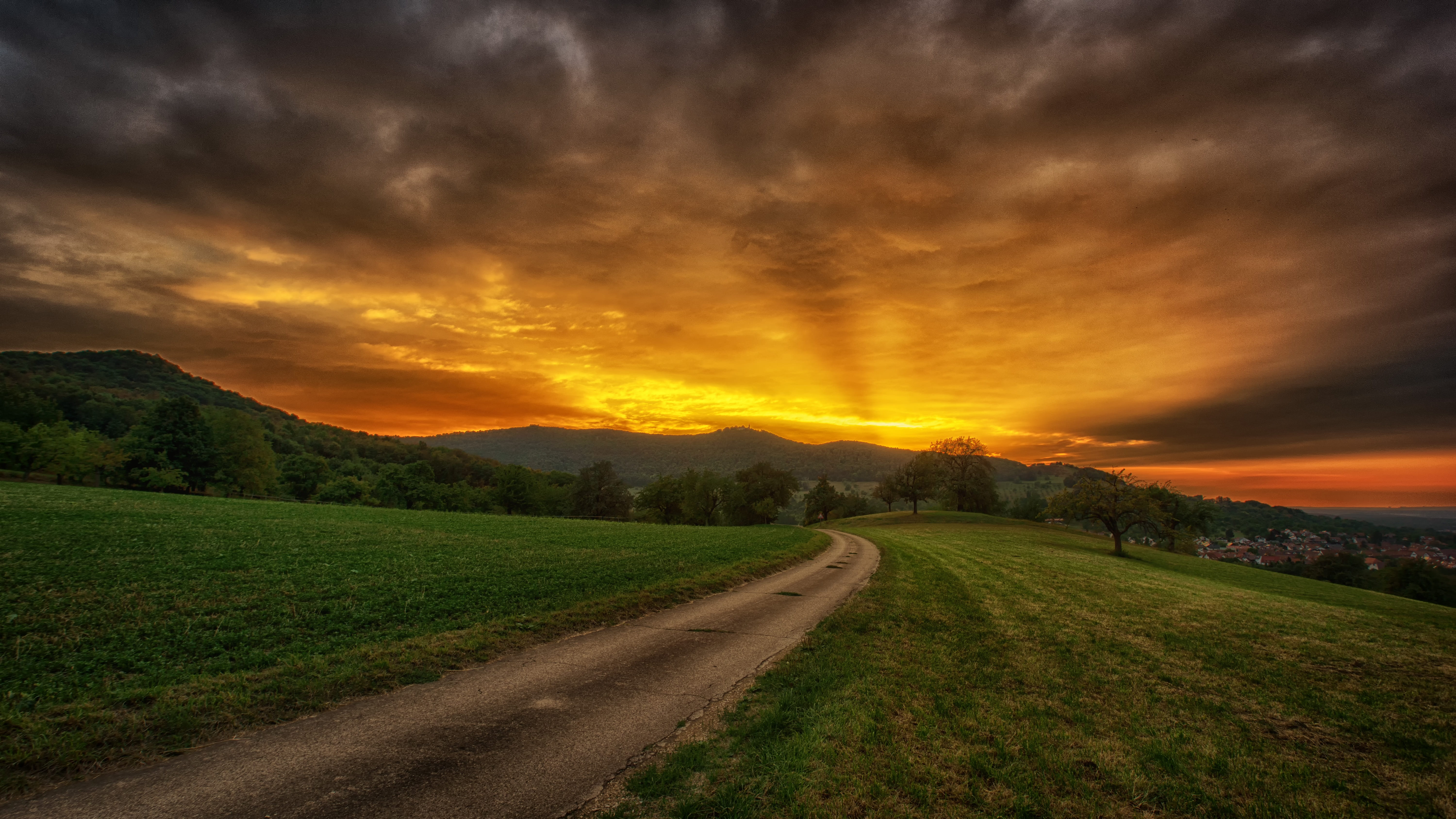 beauty in nature, dawn, clouds, panorama, sky, dramatic, atmospheric, nature, evening, field, rural scene, agriculture, path, 5K, setting sun, environment, HD Wallpaper