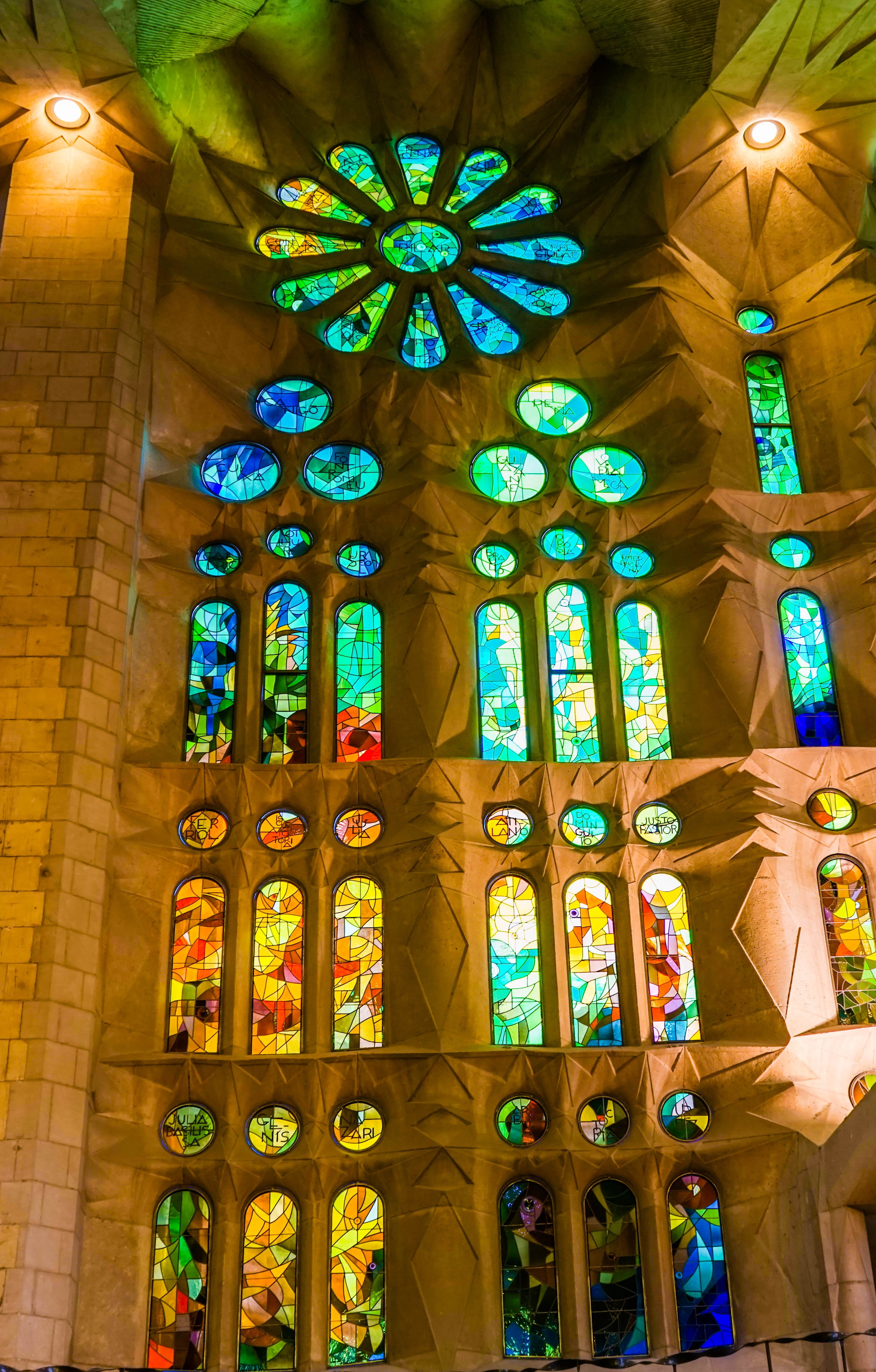 indoors, architecture, Barcelona, illuminated, no people, sagrada familia cathedral, window, floral pattern, spain, Cathedral, religion, familia, travel destinations, Phone HD Wallpaper