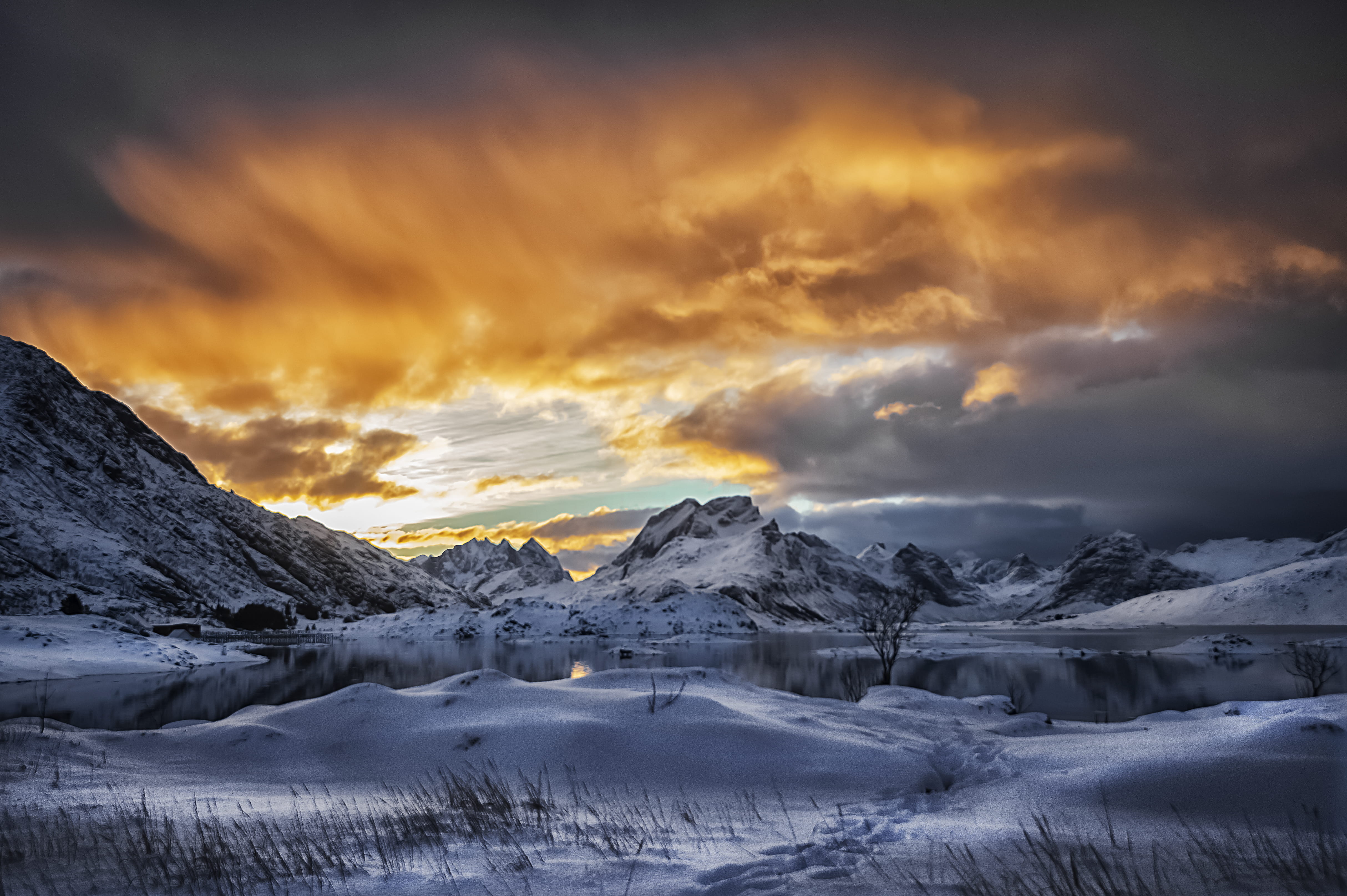 lofoten, sunset, water, winter, ethereal, tranquil scene, no people, 4K, sun, cloud - sky, capped, clouds, snow, lofoten archipelago, non-urban scene, HD Wallpaper