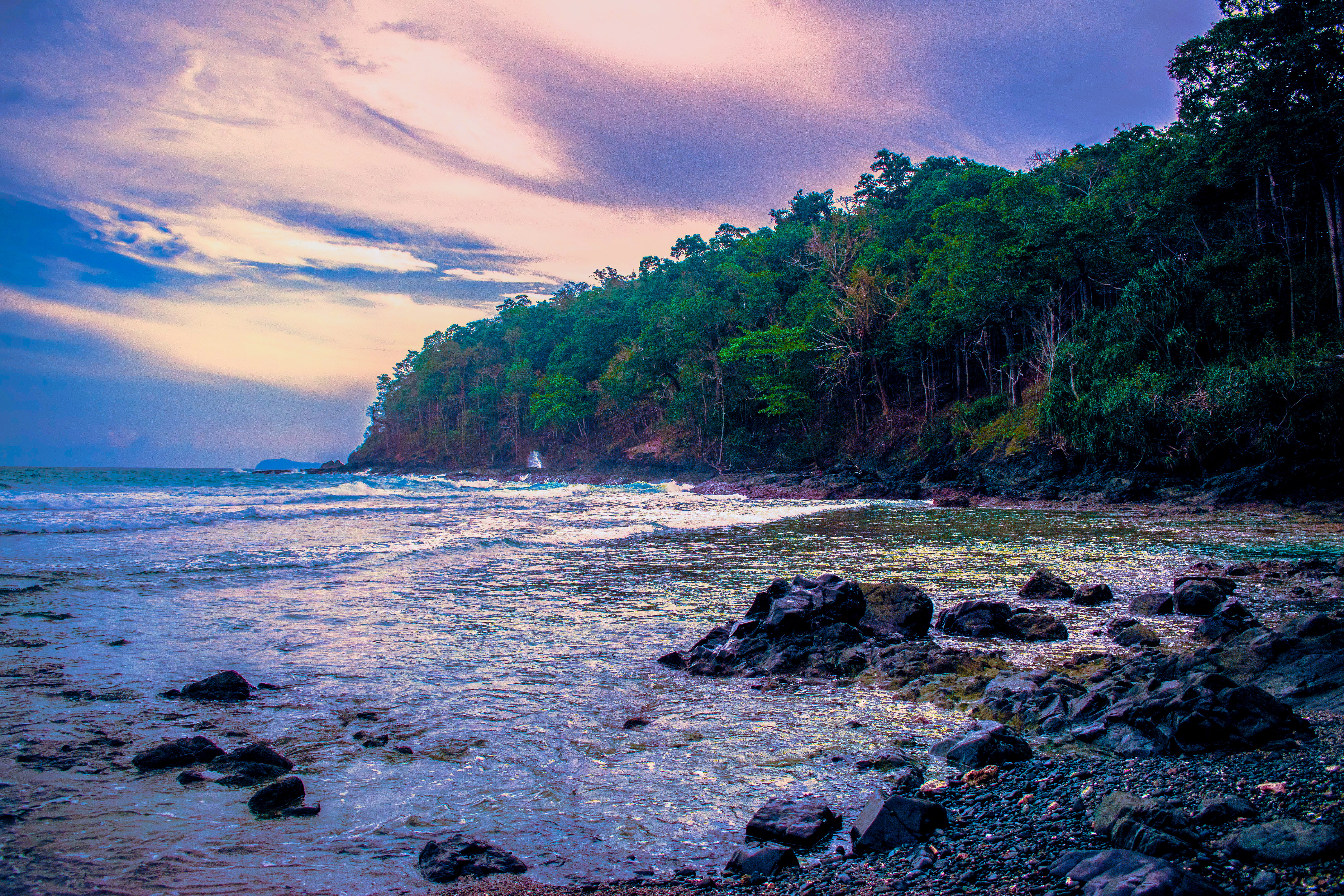 idyllic, india, tranquility, bay, tree, solid, no people, plant, tranquil scene, sky, cloud - sky, water, andaman and nicobar islands, 5K, outdoors, rock - object, HD Wallpaper