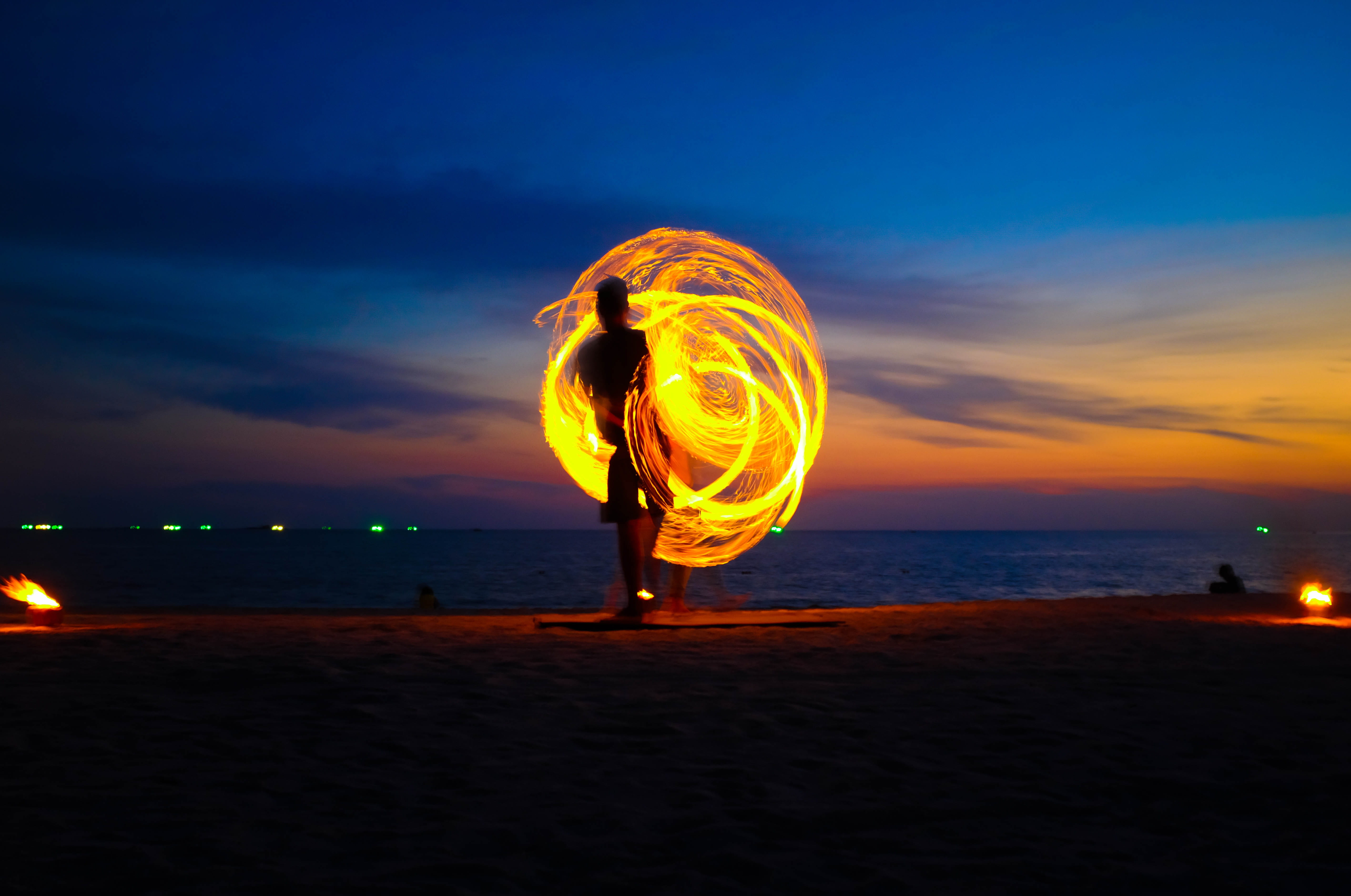 outdoors, full length, orange color, cloud - sky, burning, sea, heat - temperature, night, beach, malaysia, nature, ocean, sky, land, flame, illuminated, HD Wallpaper