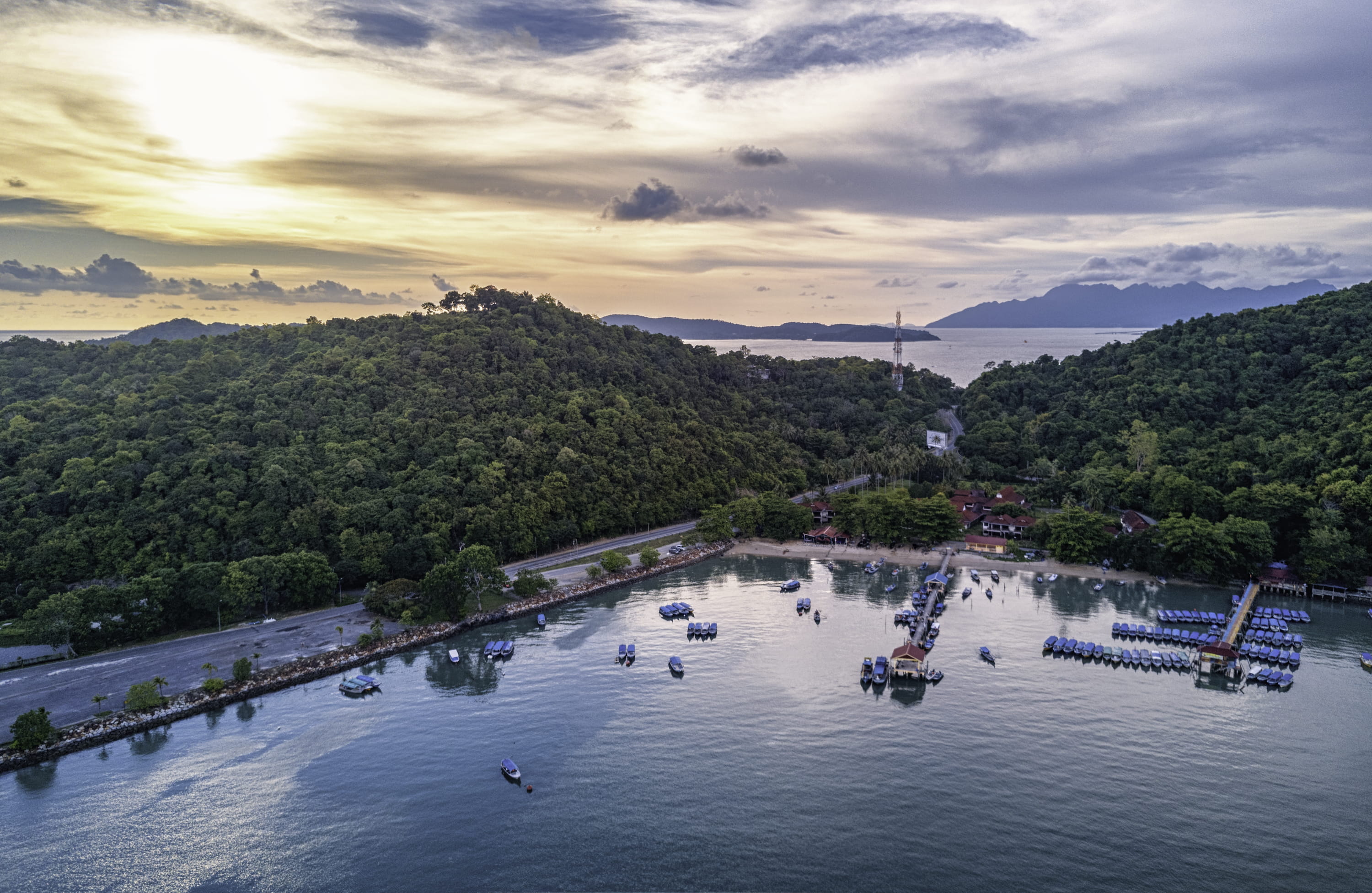outdoors, architecture, tranquil scene, mavic, beauty in nature, dji, green, tree, trees, river, sunset, langkawi, cloud - sky, mountain, lankawi, malaysia, HD Wallpaper