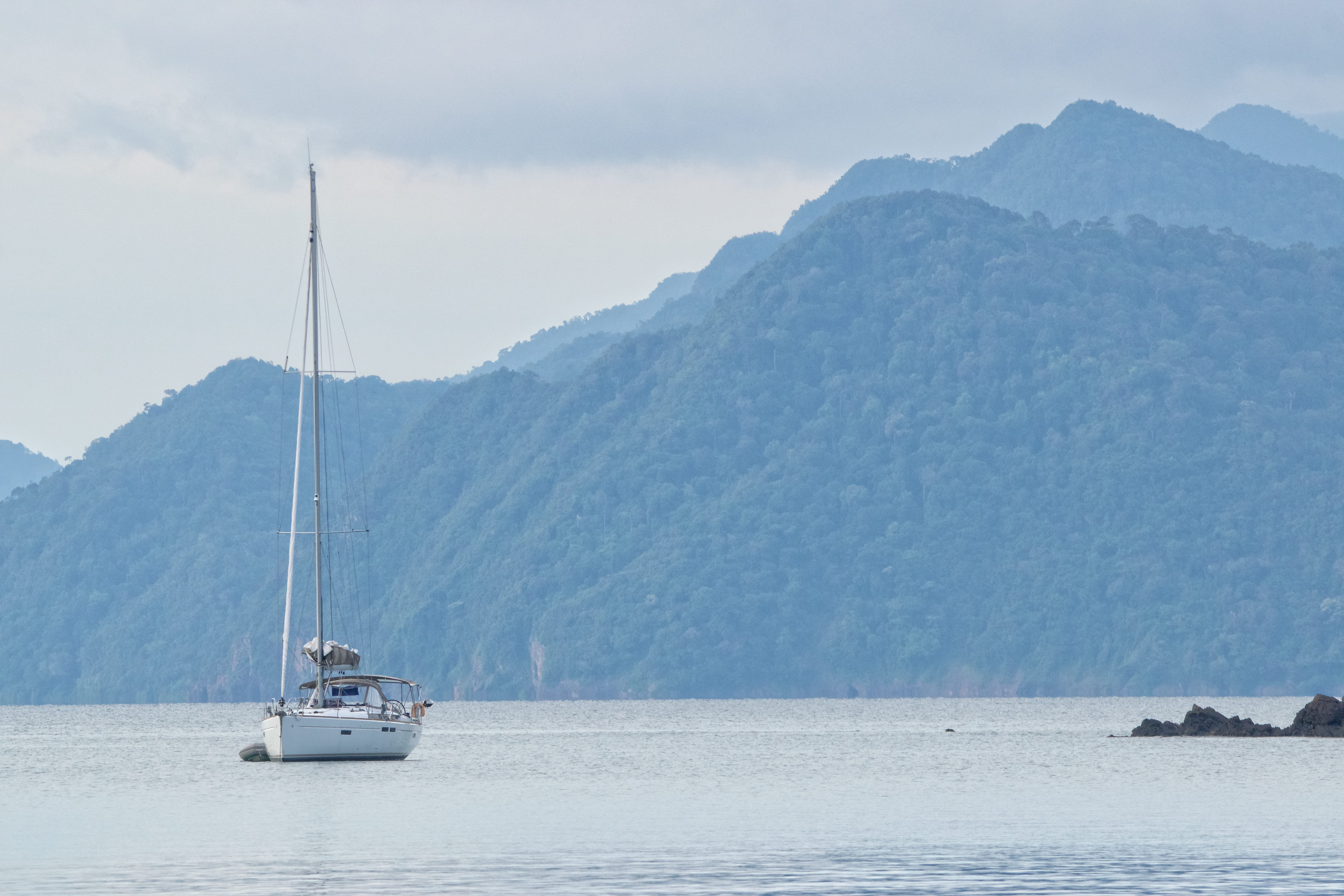 white, cruiser, mountain, military, non-urban scene, sailboat, nature, folded, langkawi, vessel, boat, navy, outdoors, travel, sky, ocean, yacht, mountains, HD Wallpaper