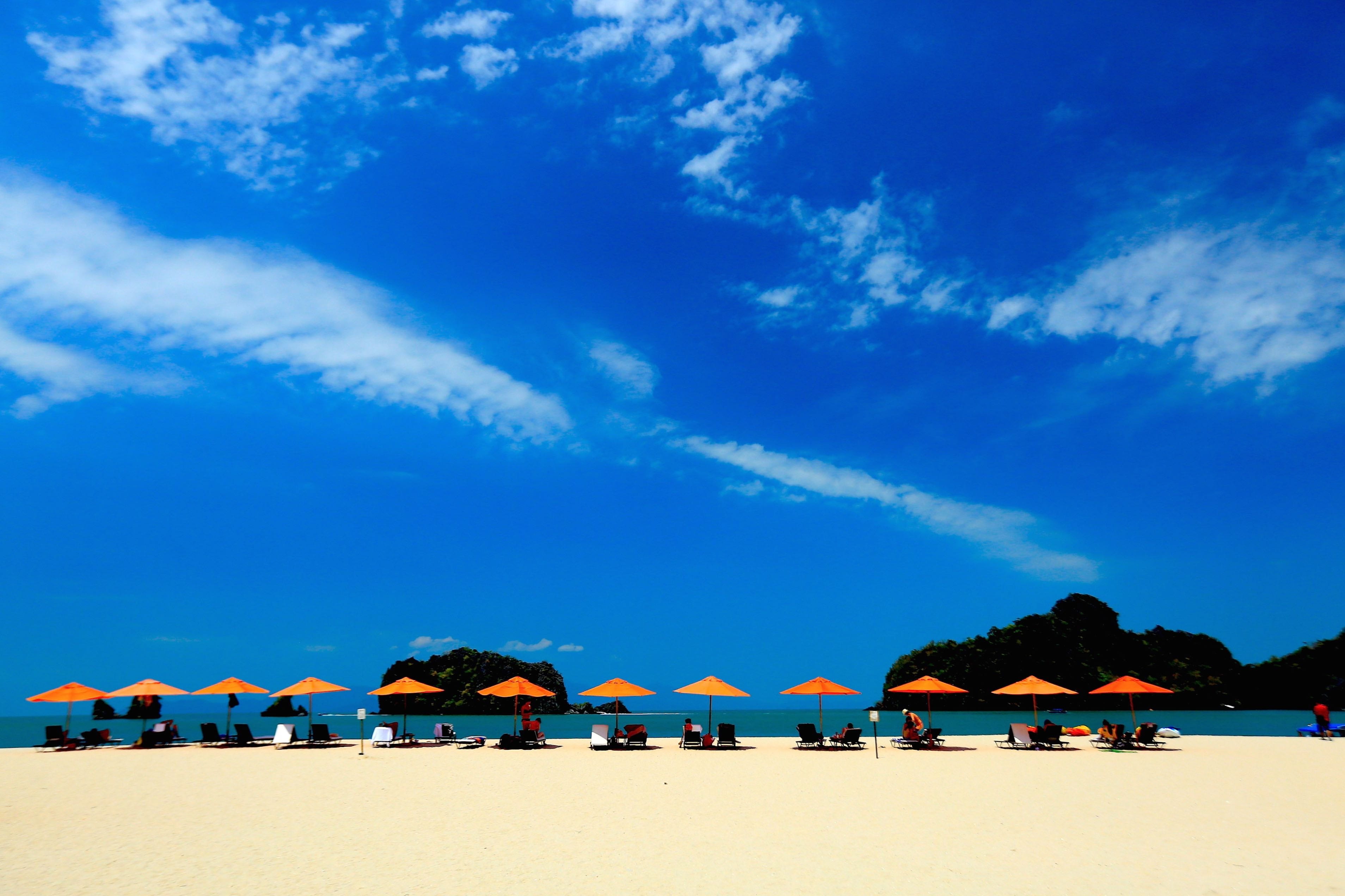 sand, outdoors, islands, langkawi, nature, blue, beach umbrella, blue sky, group, peoples, land, scenics - nature, cloud - sky, day, shade, umbrella, sea, HD Wallpaper