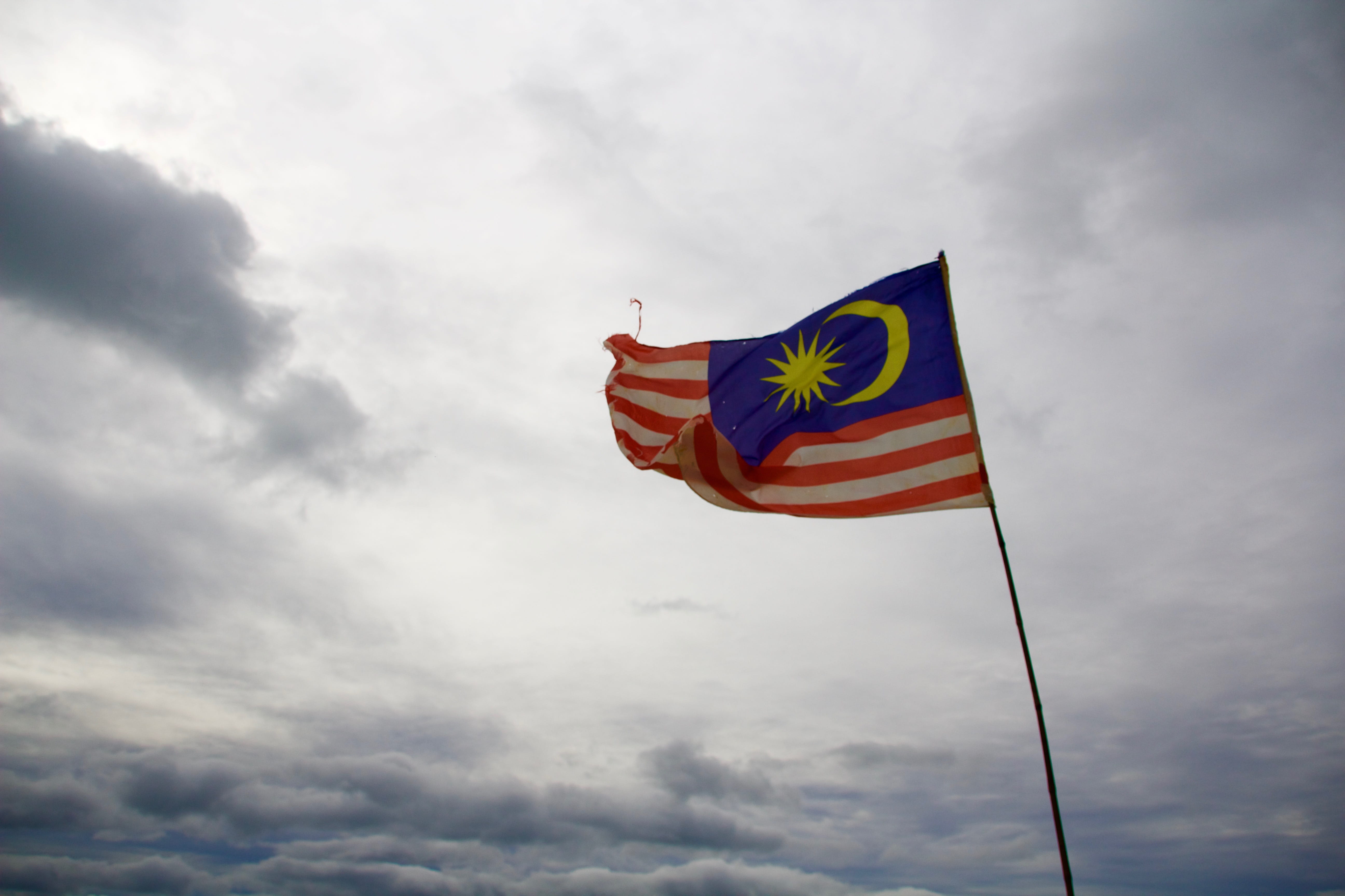 red, flag, cloud, waving, pole, no people, nature, sea, sky, day, wind, 5K, national icon, cloud - sky, striped, malaysia, travel, low angle view, patriotism, HD Wallpaper