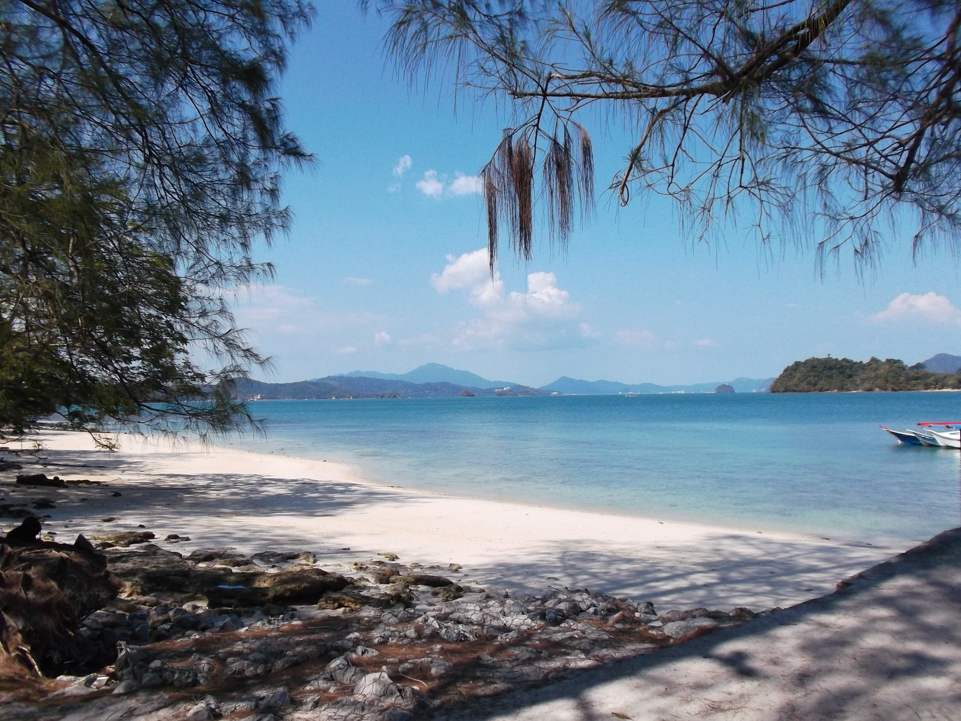 beach, langkawi, tree, solid, 2K, rock - object, sky, tranquility, scenery, sun, idyllic, rock, tranquil scene, mountain, scenics, outdoors, summer, land, HD Wallpaper