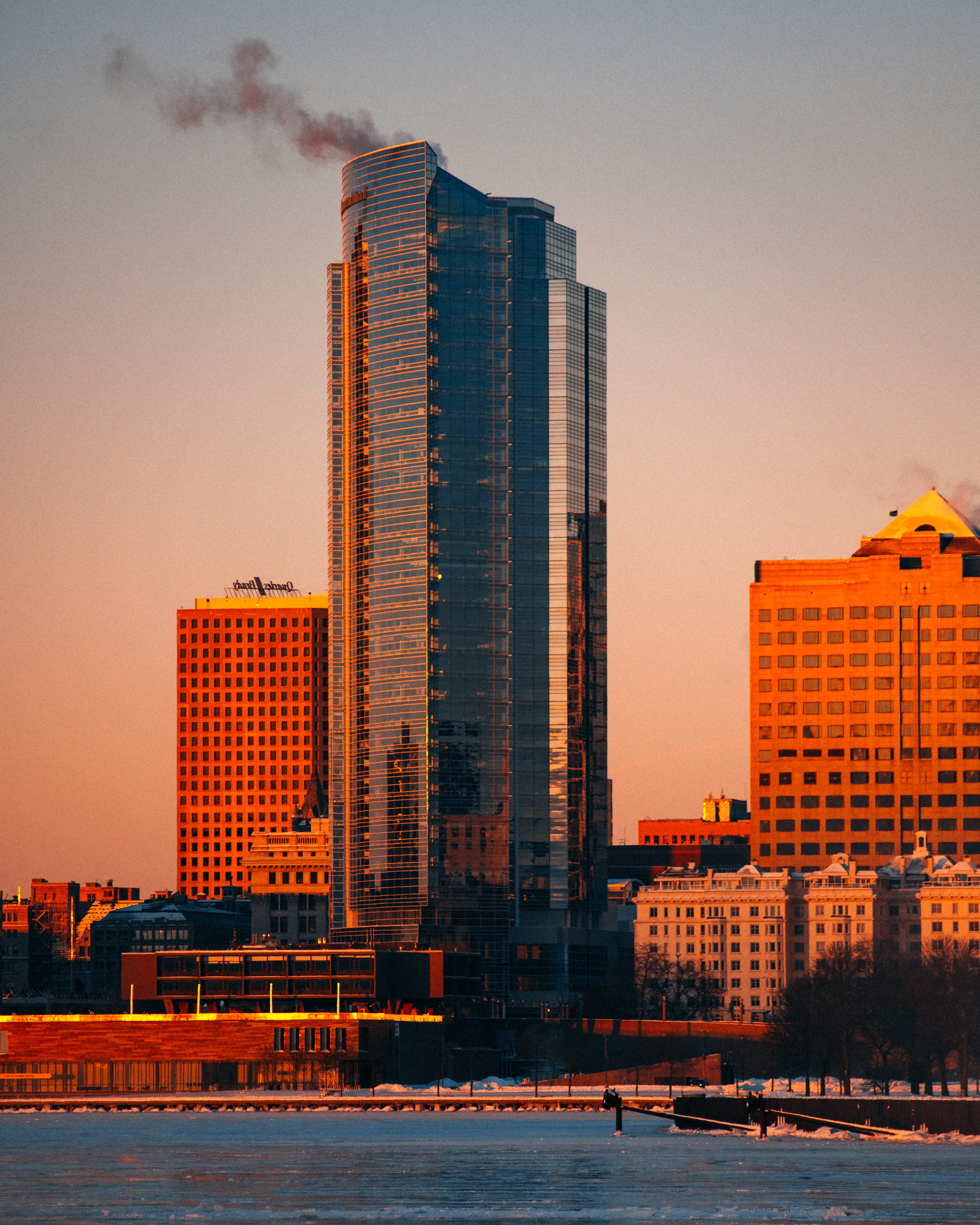 tower, beside, metropolis, body, office building, sunset, wisconsin, nature, sky, city, high, outdoors, architecture, tall - high, office, rise, building exterior, Phone HD Wallpaper