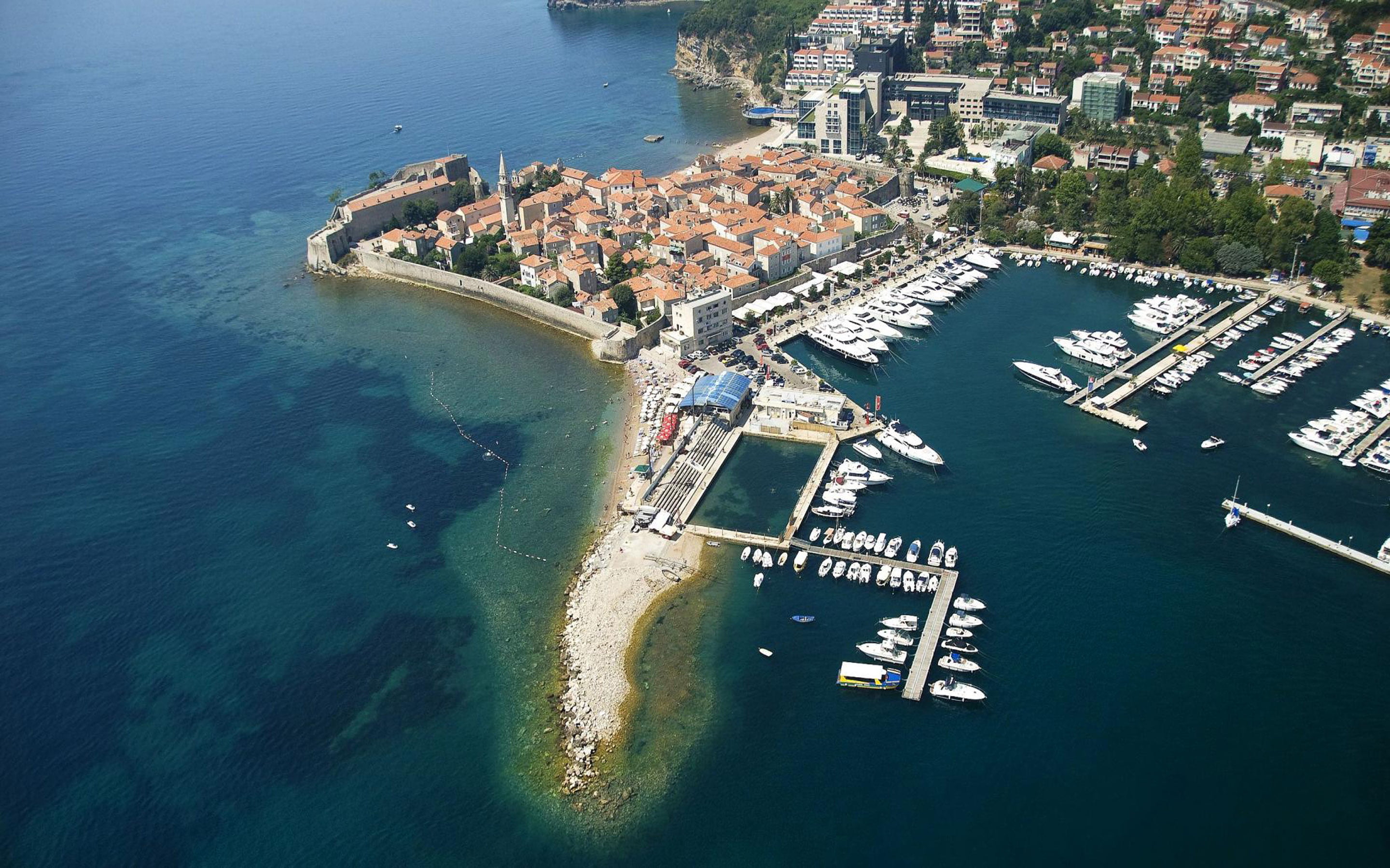 no people, marina, cityscape, view, height, eye, city, building, mode of transportation, 2K, water, built structure, building exterior, budva, beach, bay, HD Wallpaper