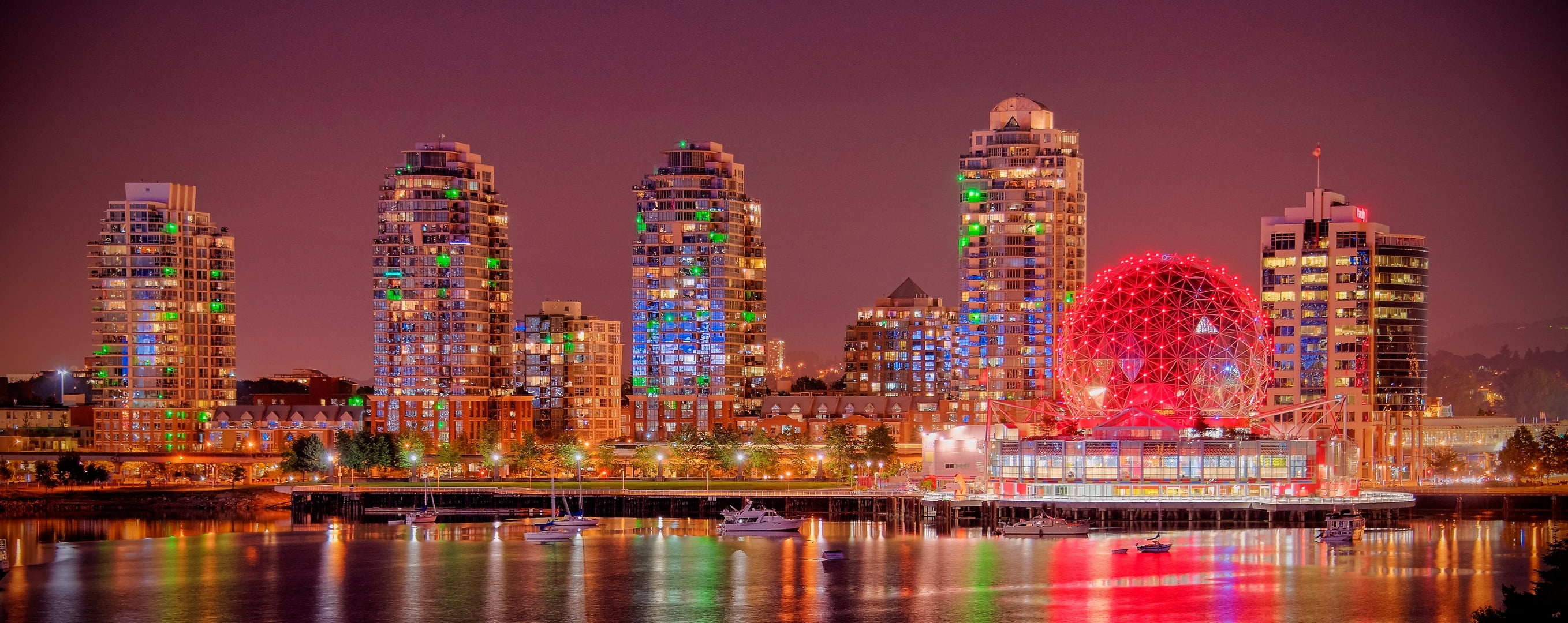 office building exterior, nature, 2K, promenade, night, dusk, cityscape, modern, urban skyline, panorama, Bay Burrard, architecture, waterfront, building, HD Wallpaper