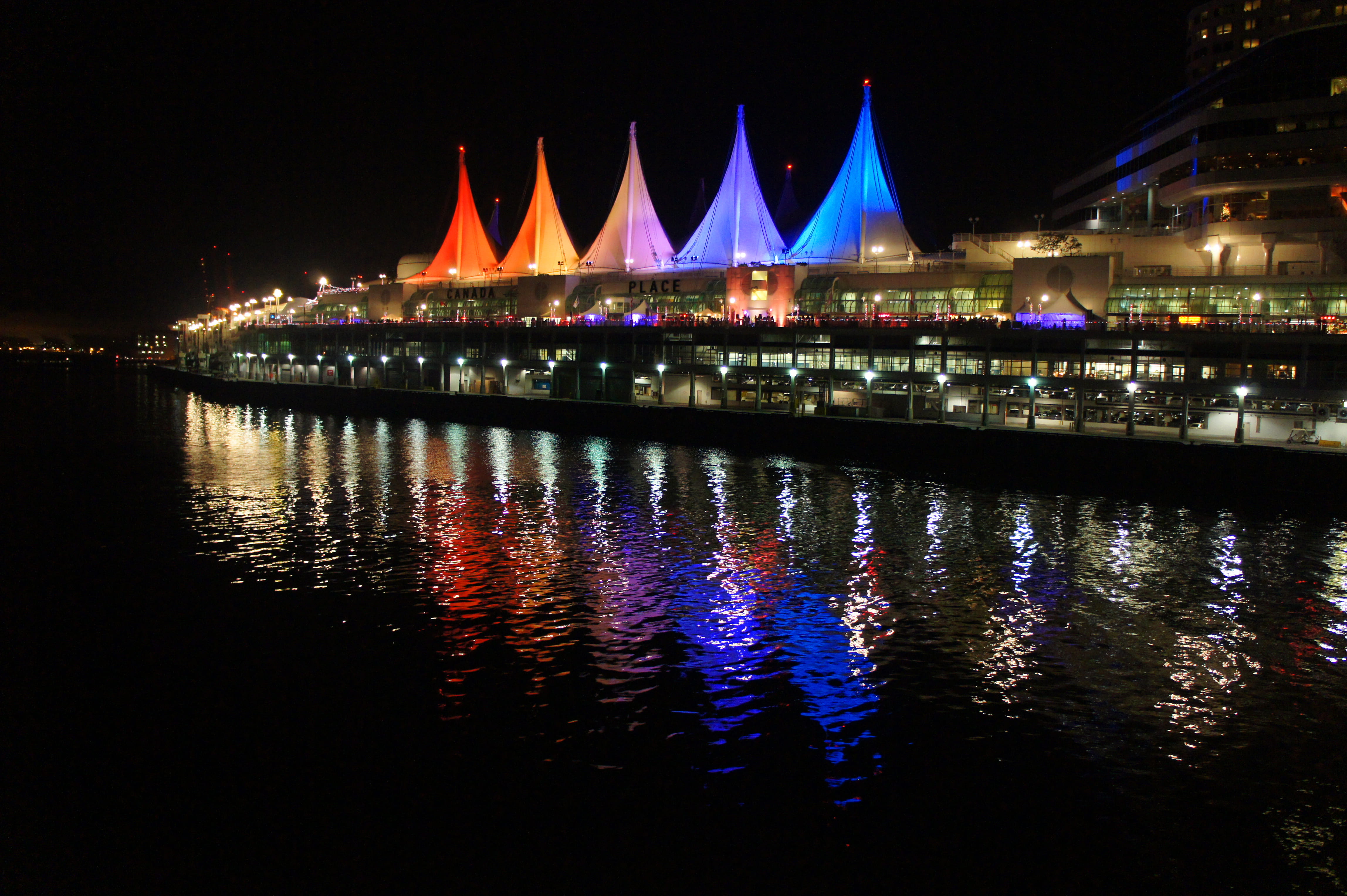 illuminated, dark, water, nightlife, tourism vancouver, xmas, canada place, bridge, bridge - man made structure, christmas, canada, building exterior, lighting equipment, HD Wallpaper