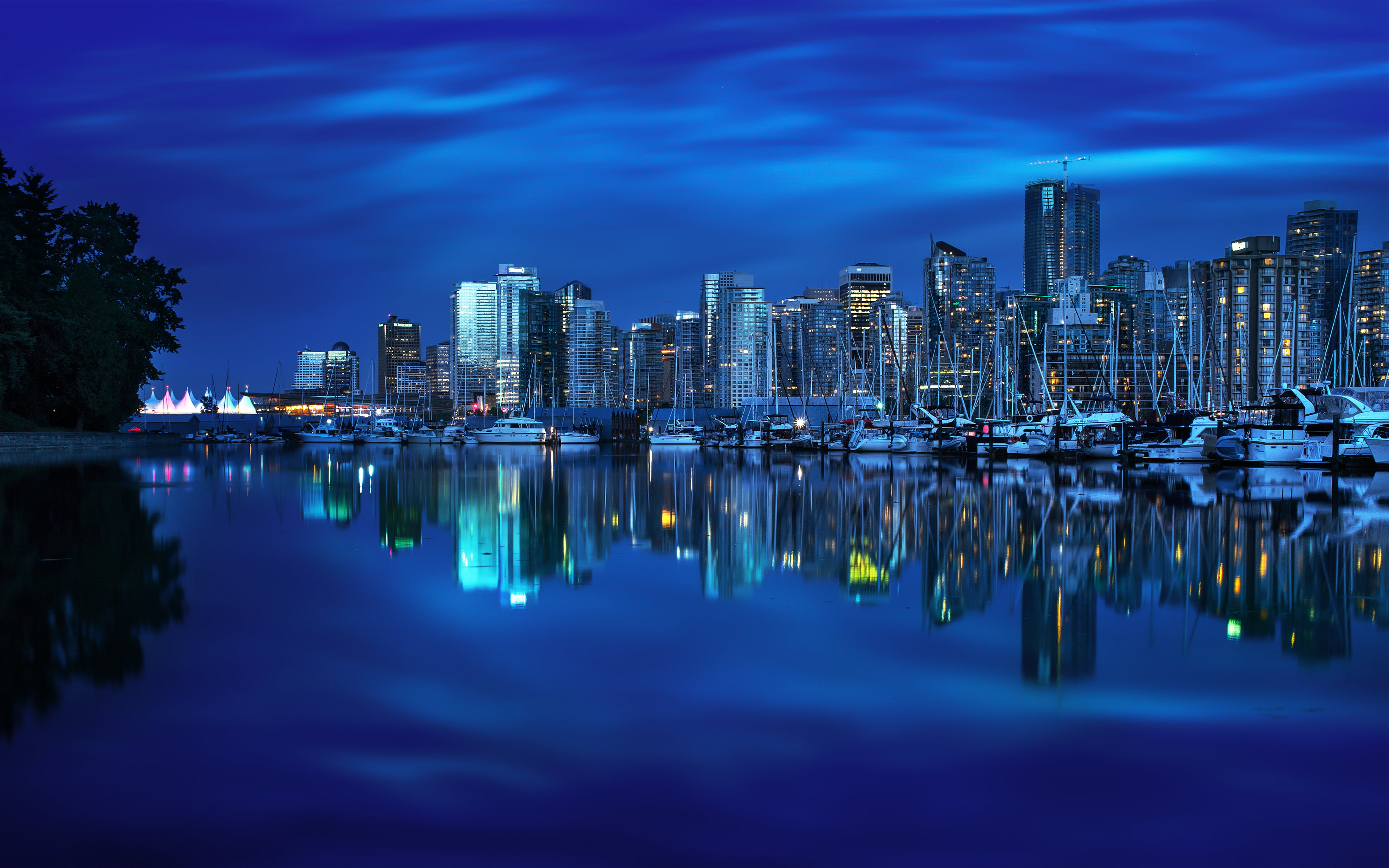 high, building exterior, Canada, cityscape, skyscraper, rise, British Columbia, nature, sky, Burrard Inlet, water, port, night, waterfront, yachts, night city, HD Wallpaper
