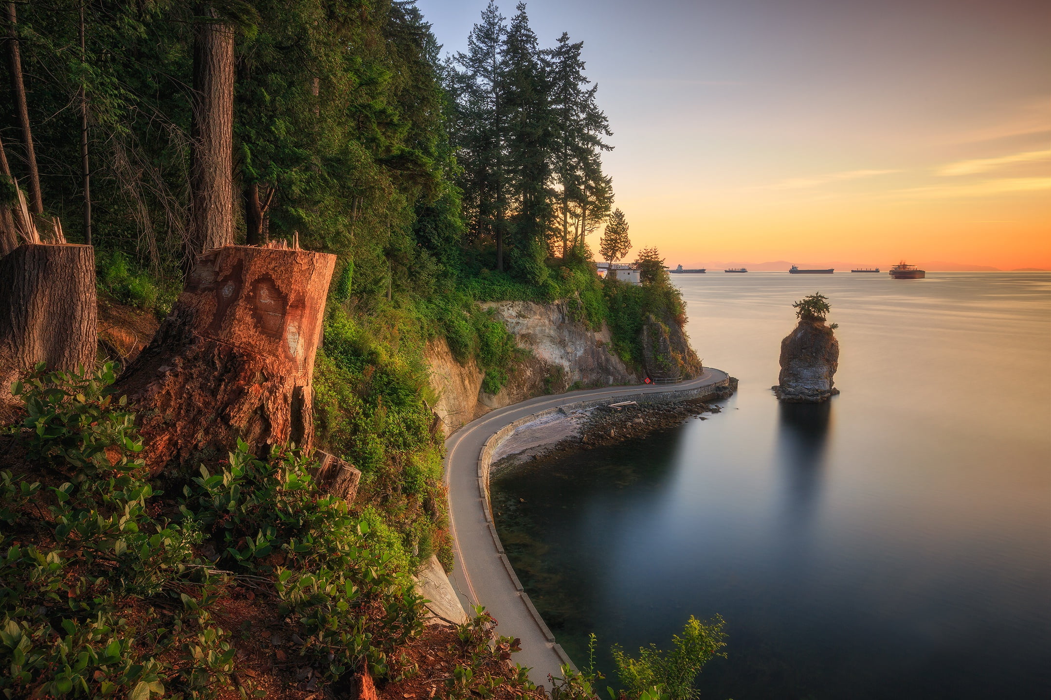 1080P, British Columbia, sea, Canada, Burrard Inlet, Stanley Park, forest, rock, road, coast, Siwash Rock, Vancouver, Bay Burrard, HD Wallpaper