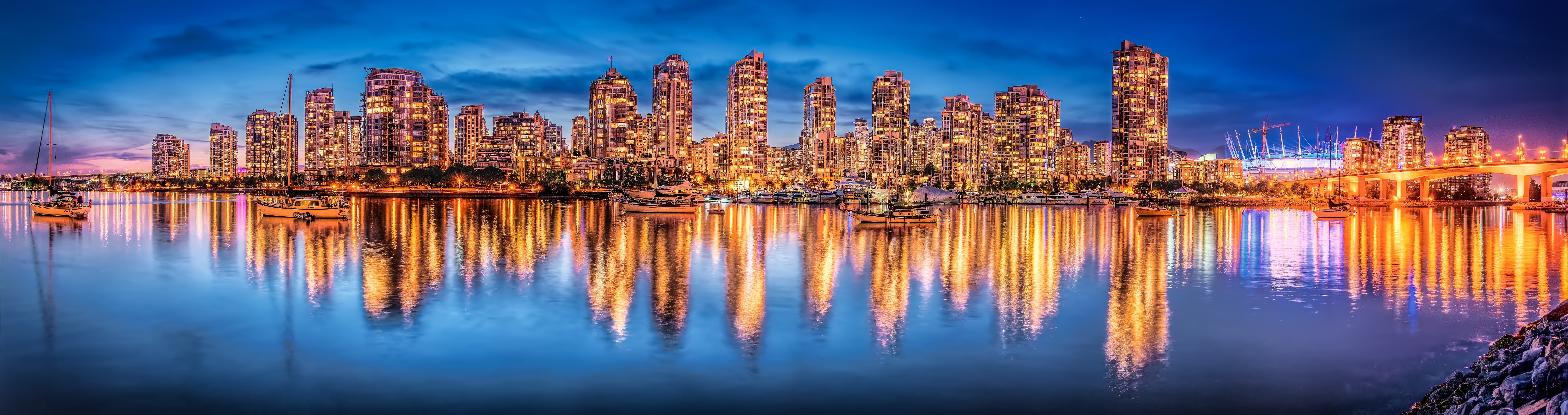 Burrard Inlet, British Columbia, Vancouver, building, yachts, night city, reflection, 5K, panorama, Bay Burrard, Canada, HD Wallpaper