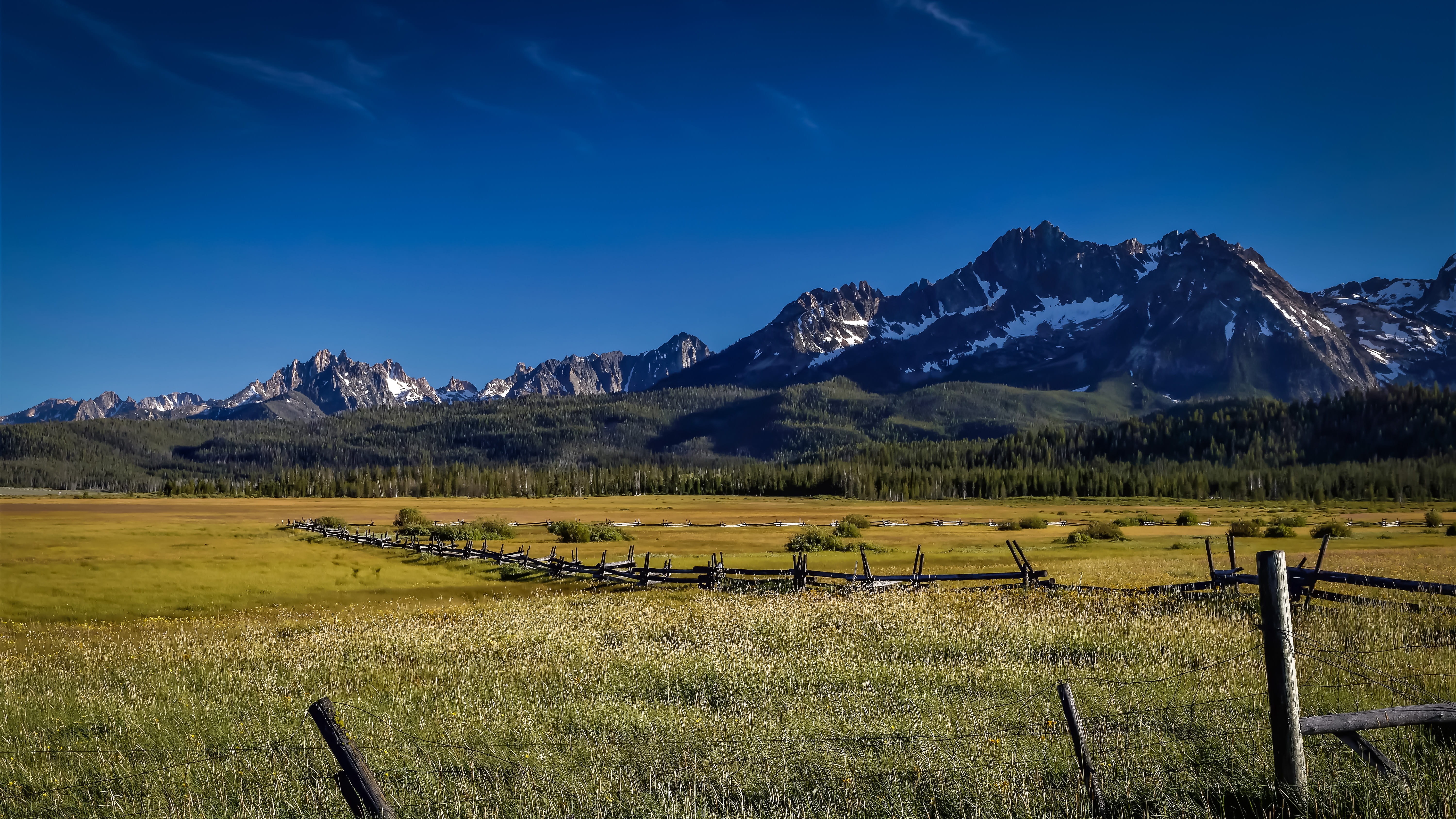 scenics - nature, landscape, grassy meadow, field, blue, 5K, mountain, formation, outdoors, snowcapped mountain, high country sunset, tranquility, evening light, HD Wallpaper