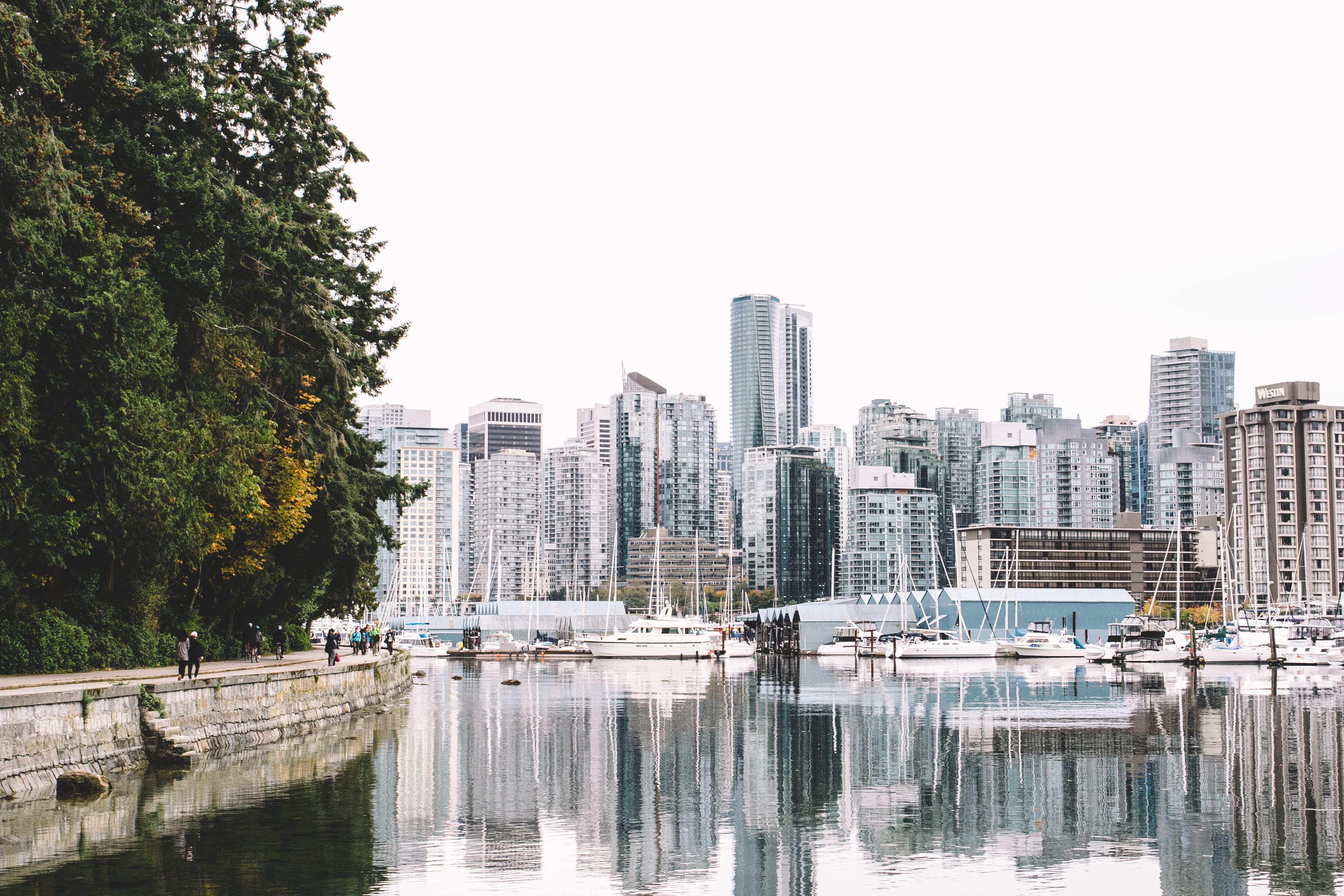 urban, boat, building, marina, vancouver, waterfront, built structure, harbour, skyscraper, reflection, photography, cityscape, clear sky, yacht, nautical vessel, HD Wallpaper