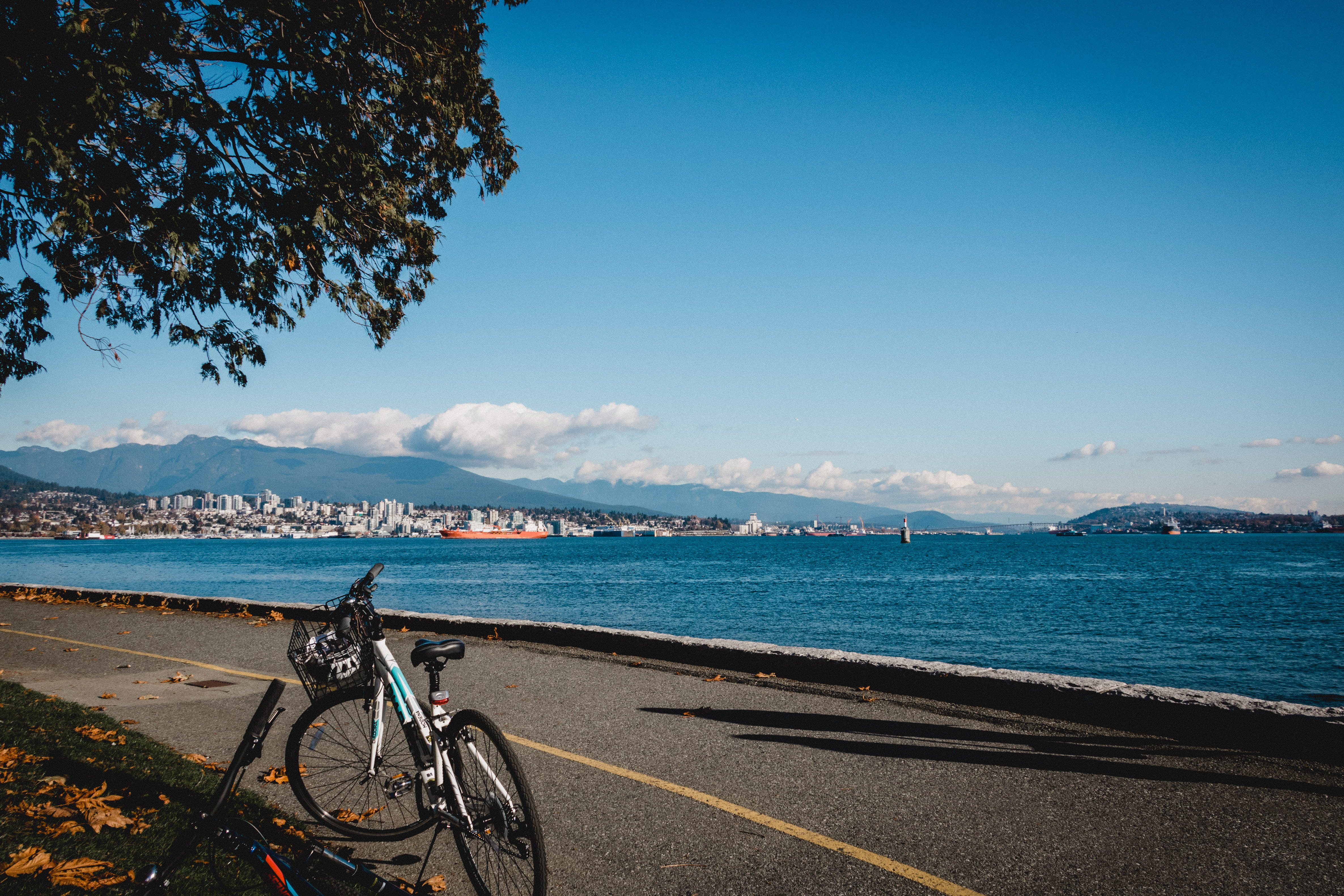 canada, day, hardtail, bike, 4K, outdoors, bicycle, transportation, lake, beauty in nature, stationary, sunlight, vancouver, stanley park, nautical vessel, HD Wallpaper