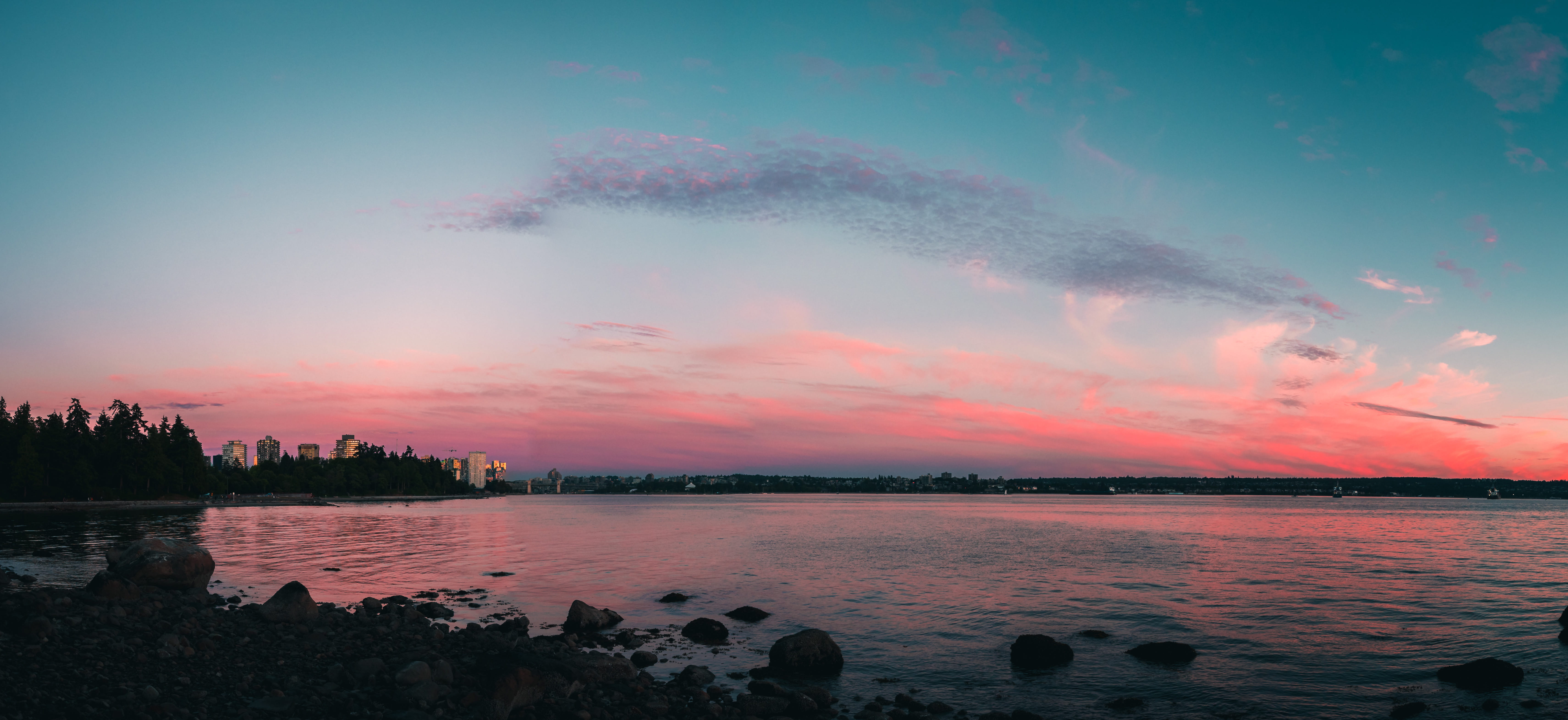 orange color, water, sea, canada, built structure, stanley park, beauty in nature, idyllic, vancouver, scenics - nature, sunset, sky, no people, outdoors, HD Wallpaper