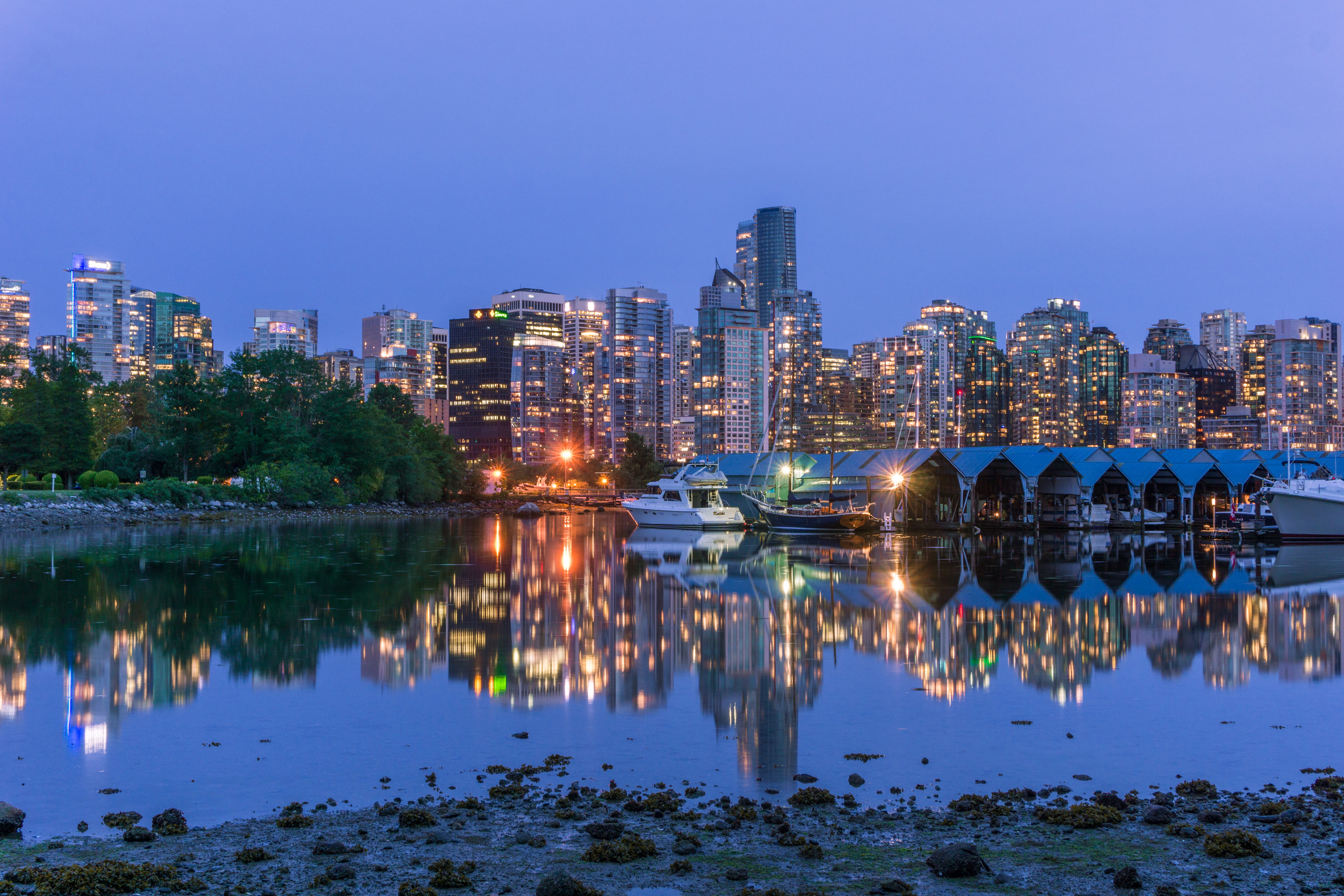 skyscraper, stanley park, dock, nature, reflection, lake, downtown, skyline, sea, evening, marine, modern, no people, water, building exterior, urban, office building exterior, HD Wallpaper