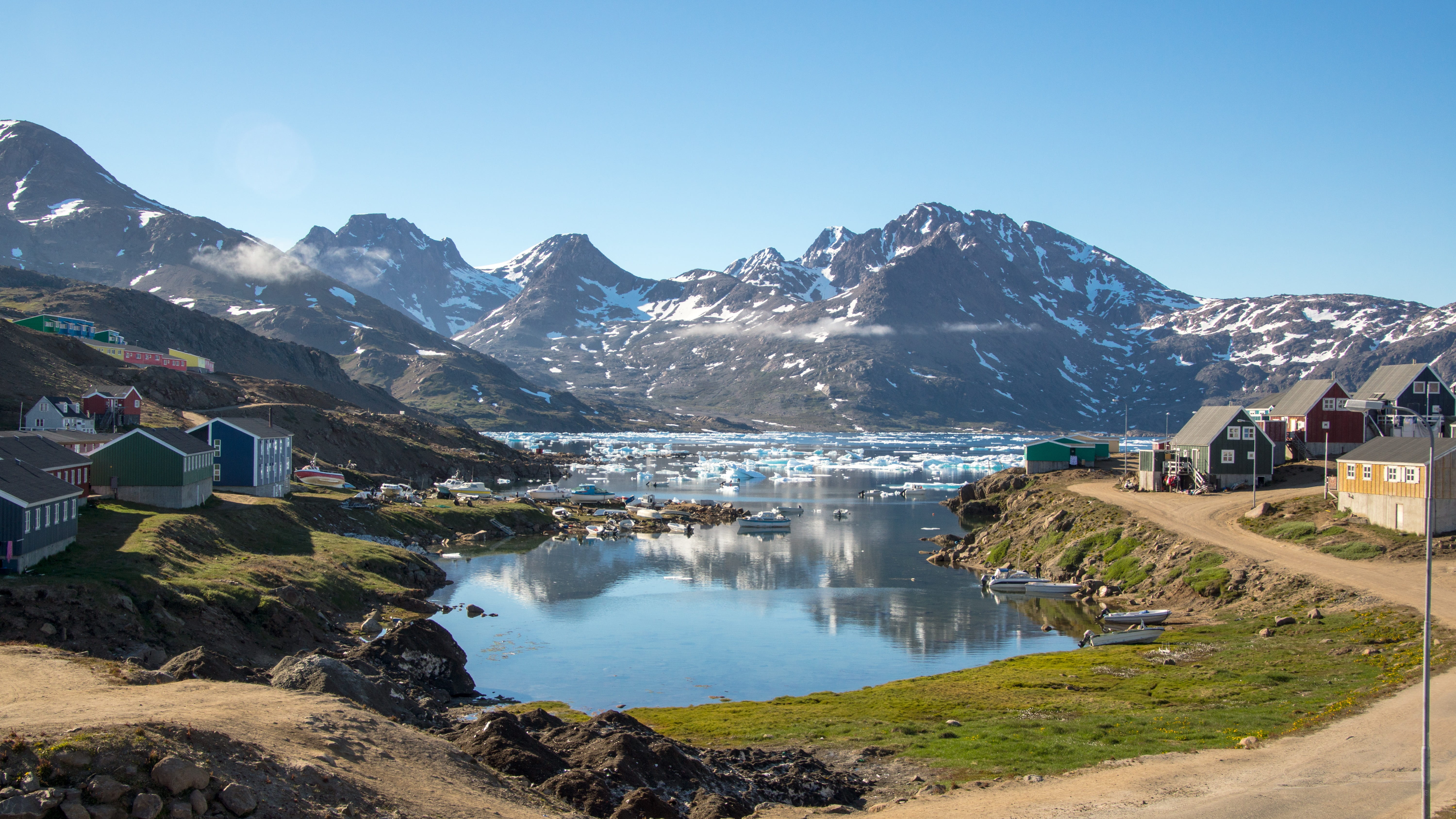 boat, arctic, mountain, scenics - nature, landscape, outdoors, greenland, winter, bay, summer, sea, water, travel, snowcapped mountain, building exterior, HD Wallpaper