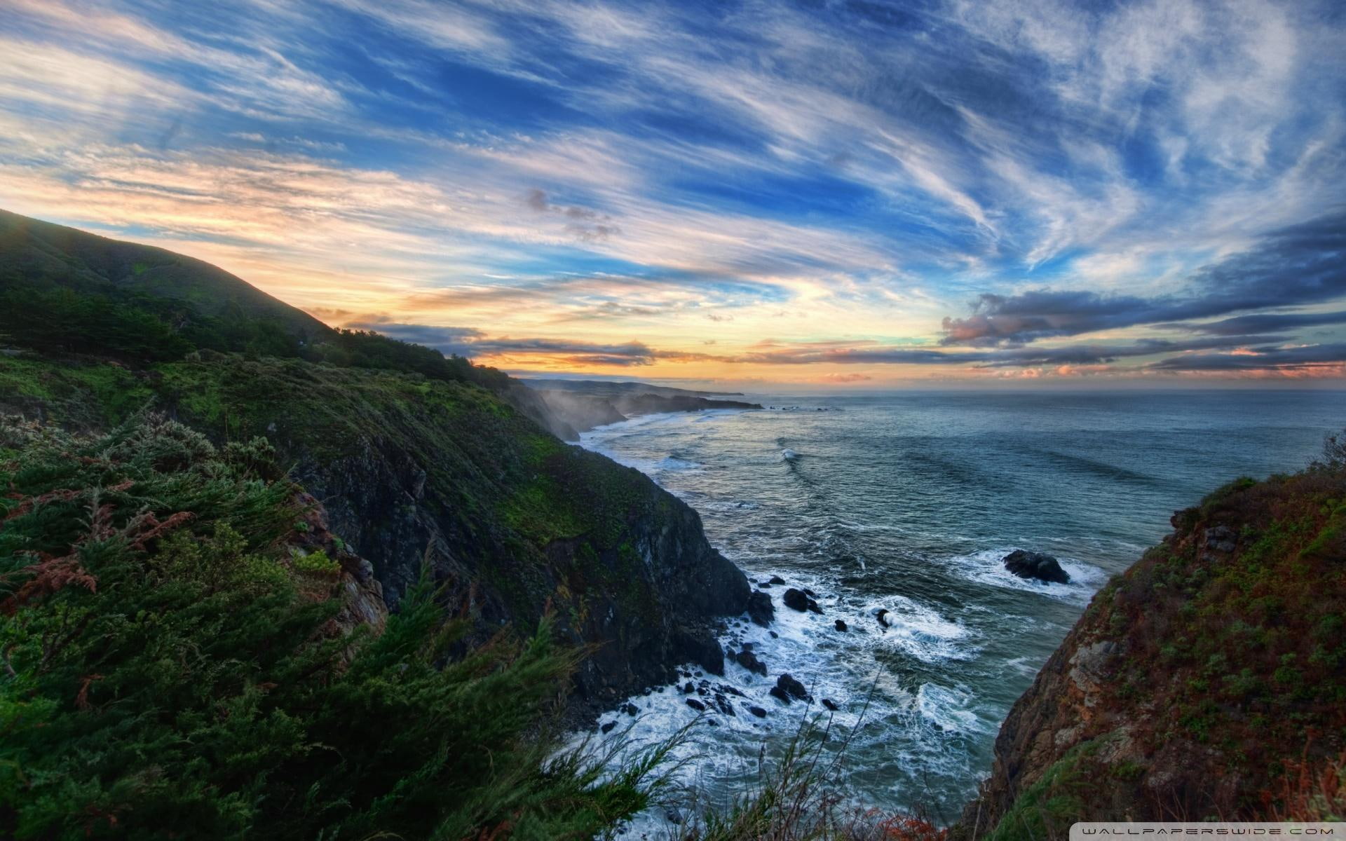 cliffs, 1080P, inlet, view, nature and landscapes, sky, ocean, spectacular, shore, HD Wallpaper