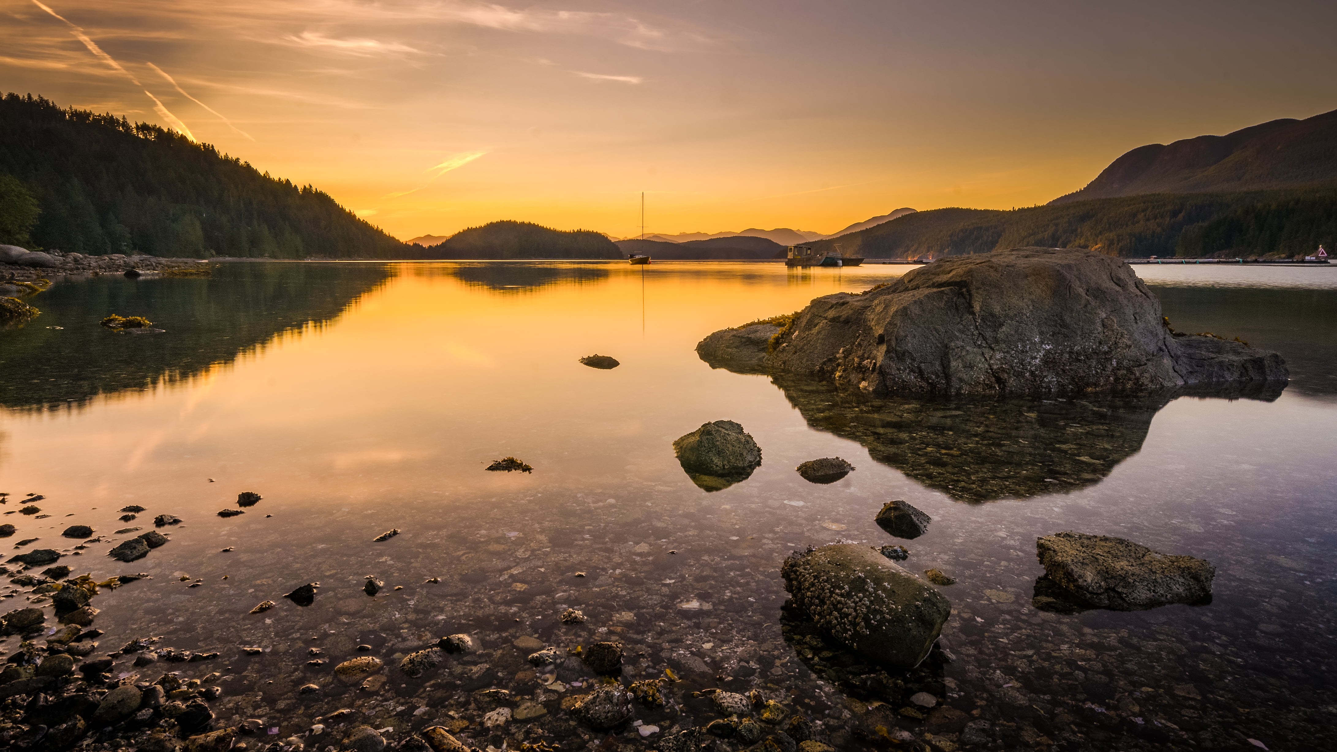 beauty In Nature, Water, Sunset, British Columbia, BC, sea, Canada, Barnacle, summer, outdoors, dusk, Marine, Boats, Sunshine Coast, Clouds, Okeover, nature, HD Wallpaper
