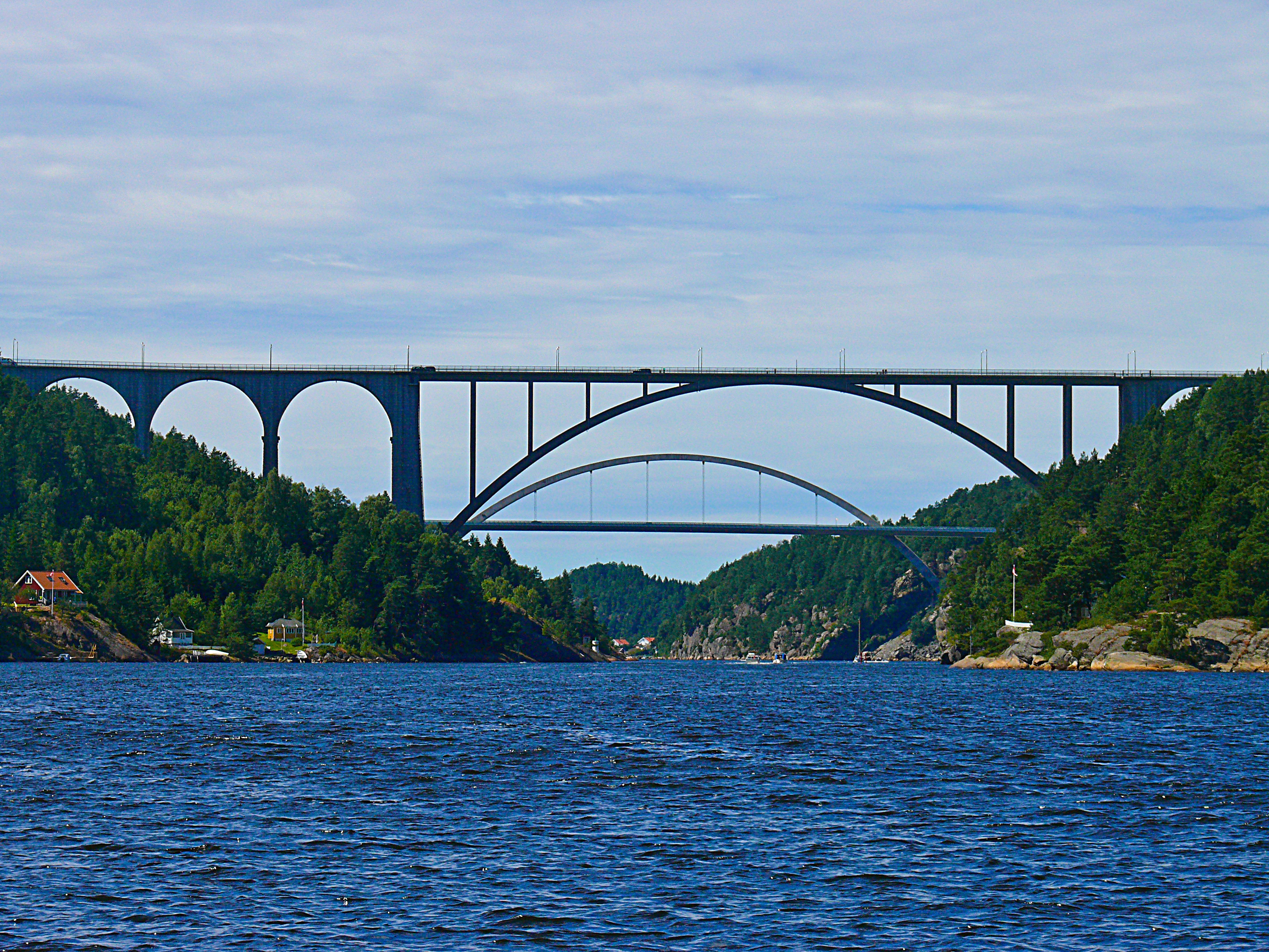 customs, waterfront, outdoors, bridge - man made structure, svinesund, ringdal fjord, architecture, sky, iddefjorden, arched, norway, 2K, bridge, nature, HD Wallpaper