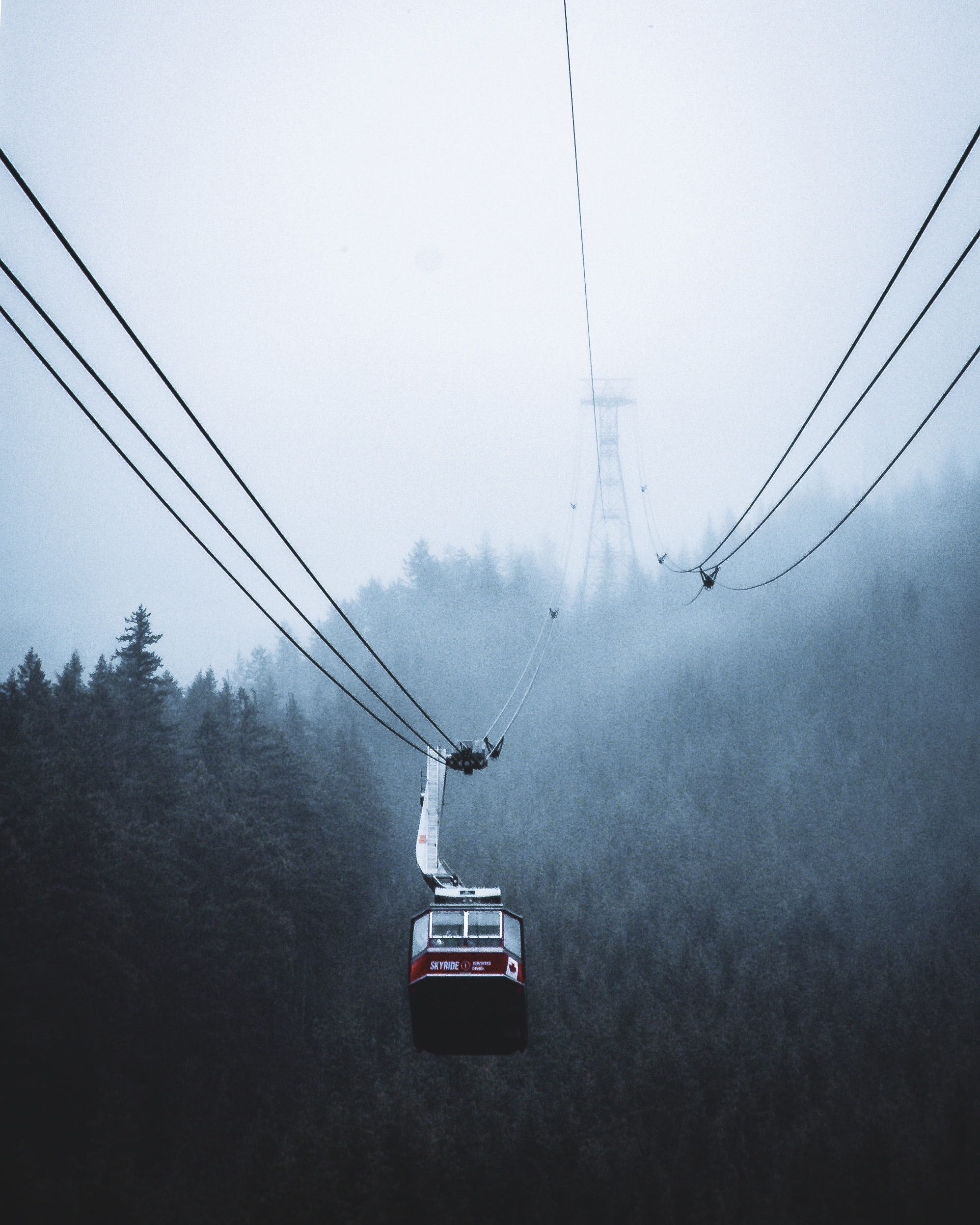cable car, motor vehicle, vancouver, canada, electricity, 1080P, overhead cable car, connection, mode of transportation, no people, wires, day, sky, fog, Phone HD Wallpaper