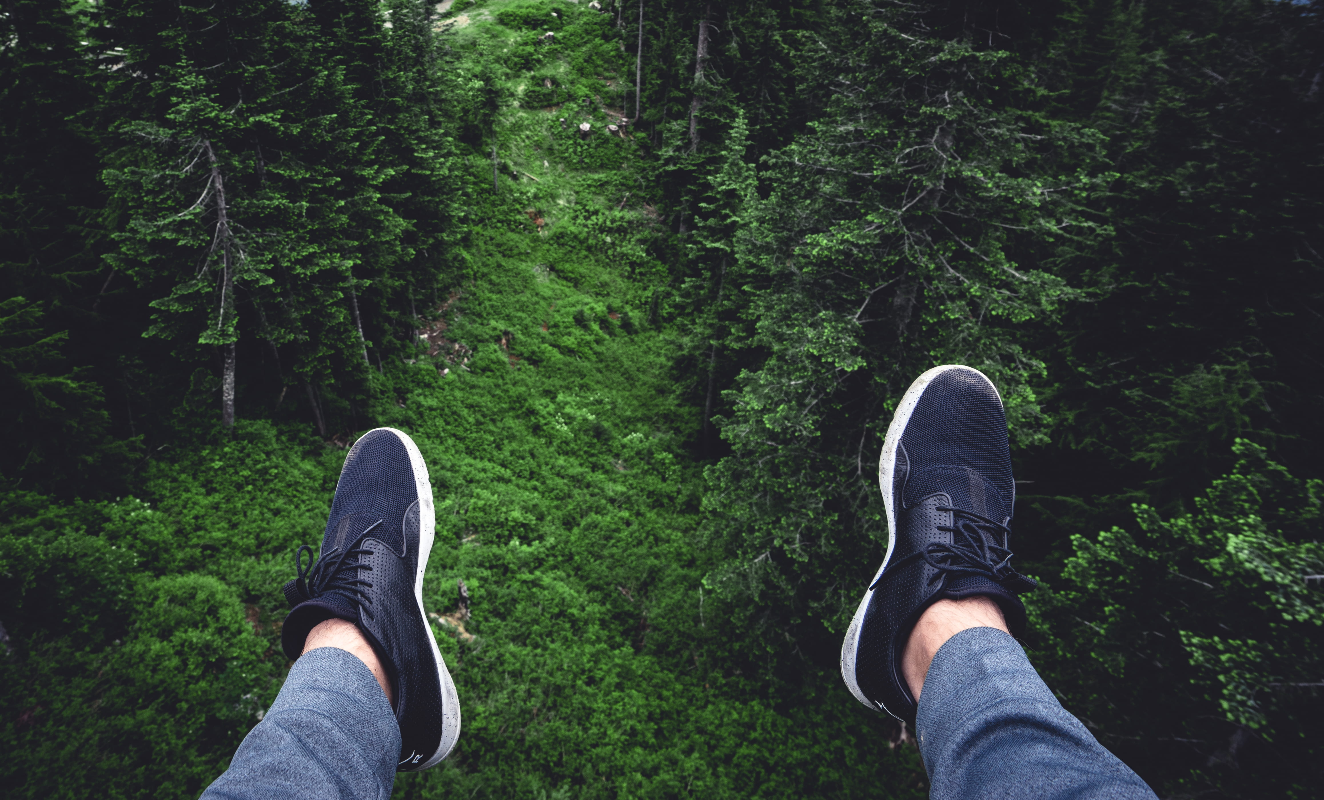 shoe, land, green, human leg, personal perspective, 4K, forest, green color, leisure activity, nature, trees, jeans, human body part, canada, ski lift, HD Wallpaper