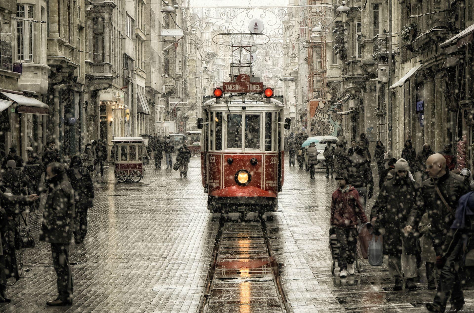 winter, city, snow, 1080P, trolley, istanbul, train, red, world, HD Wallpaper
