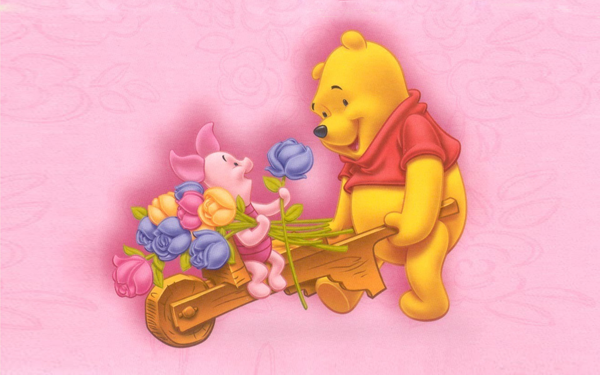 winnie, 1080P, disney, trolley, piglet, bouquet, flowers, pooh, hd, HD Wallpaper