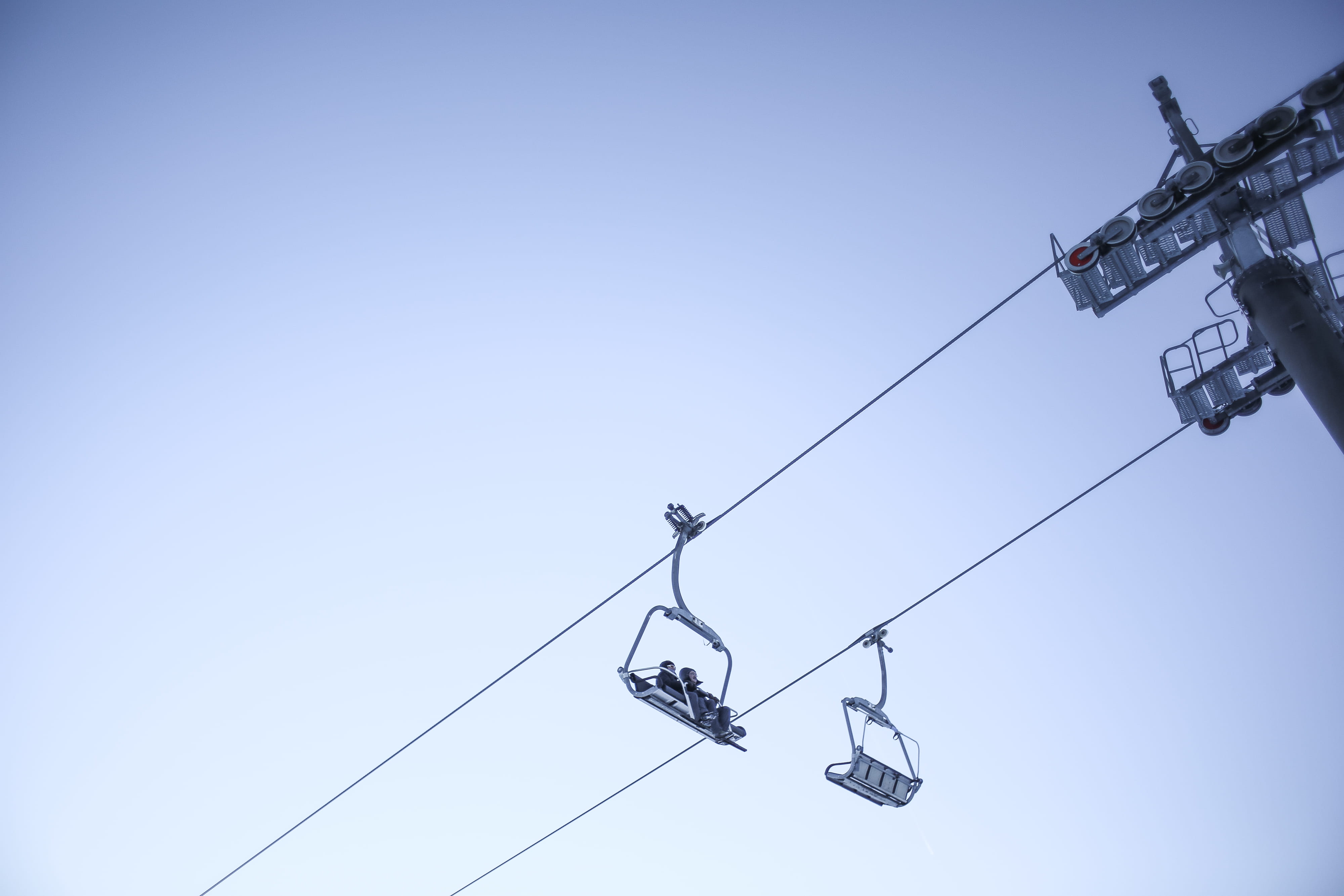 copy space, low angle view, winter, clear sky, cable car, skiing, day, high Up, nature, hills, overhead Cable Car, snow, cold, connection, Ski Lift, gondola, HD Wallpaper