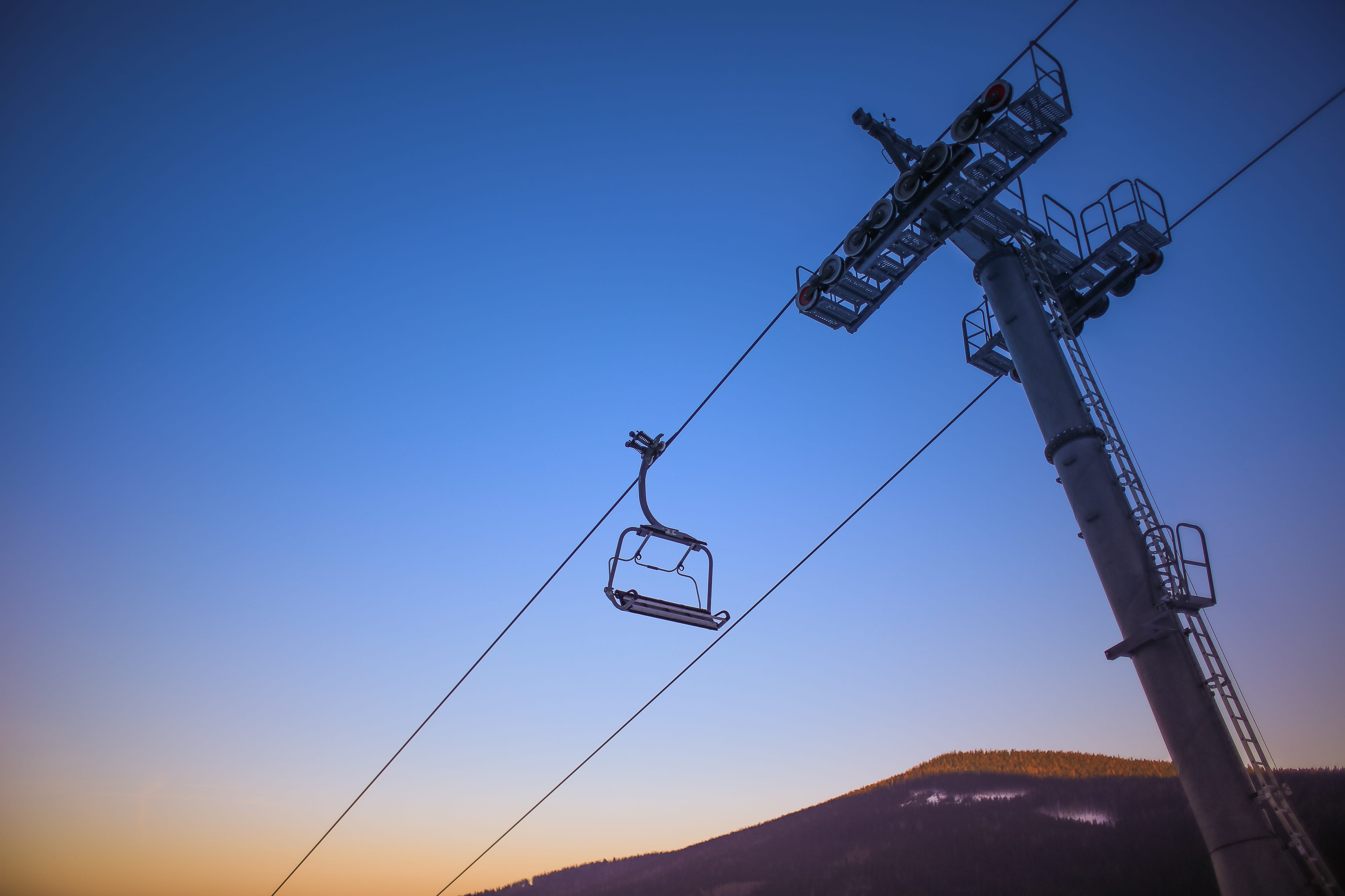 no people, lift, construction equipment, ski, overhead Cable Car, mountain, silhouette, sky, skiing, Sunset, cold, 4K, nature, mountains, day, cable car, HD Wallpaper