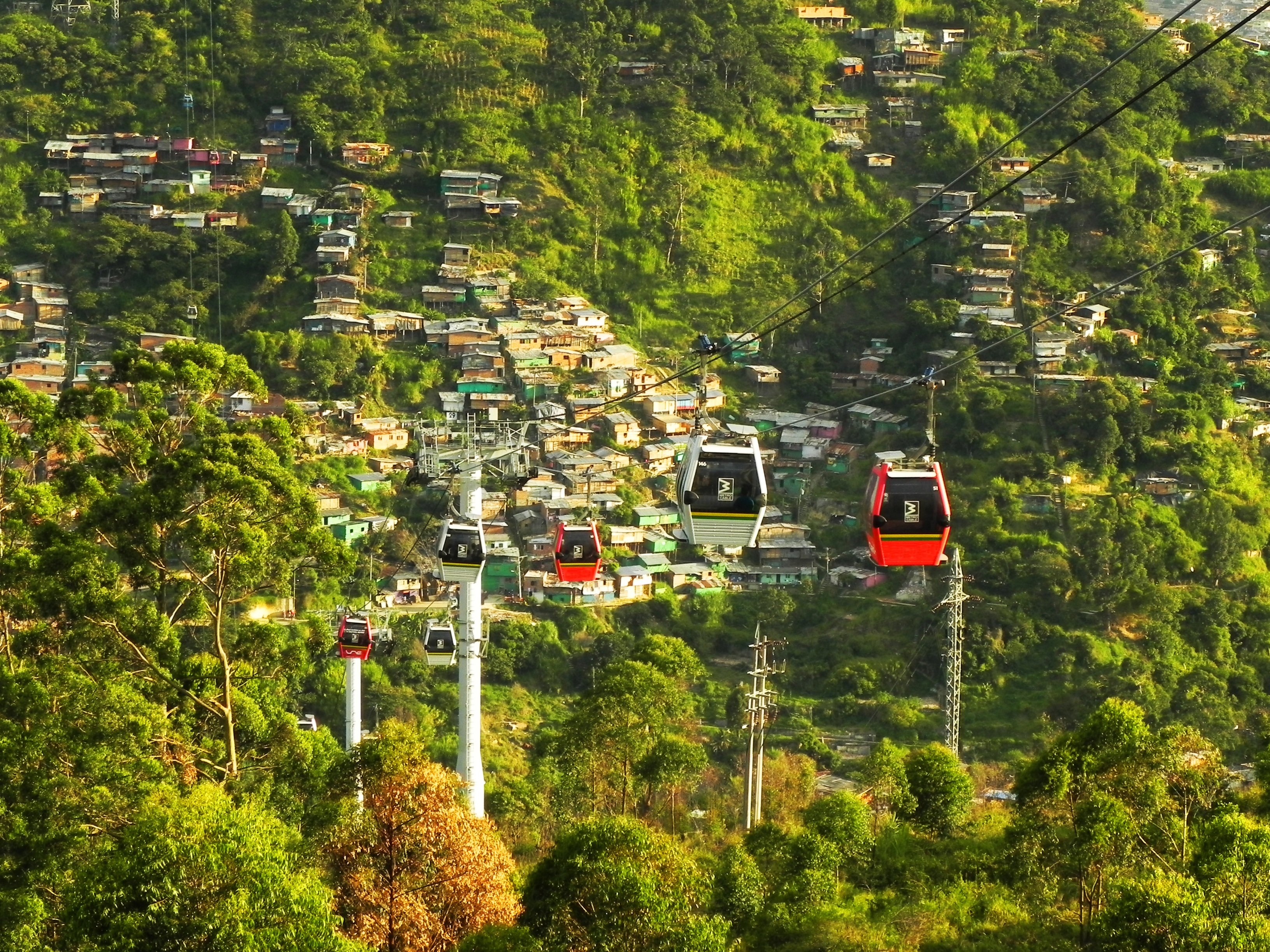 land vehicle, traffic, antioquia, cable, cart, no people, medellin, colombia, transportation, nature, hill, green color, tree, metrocable, landscape, slum, HD Wallpaper