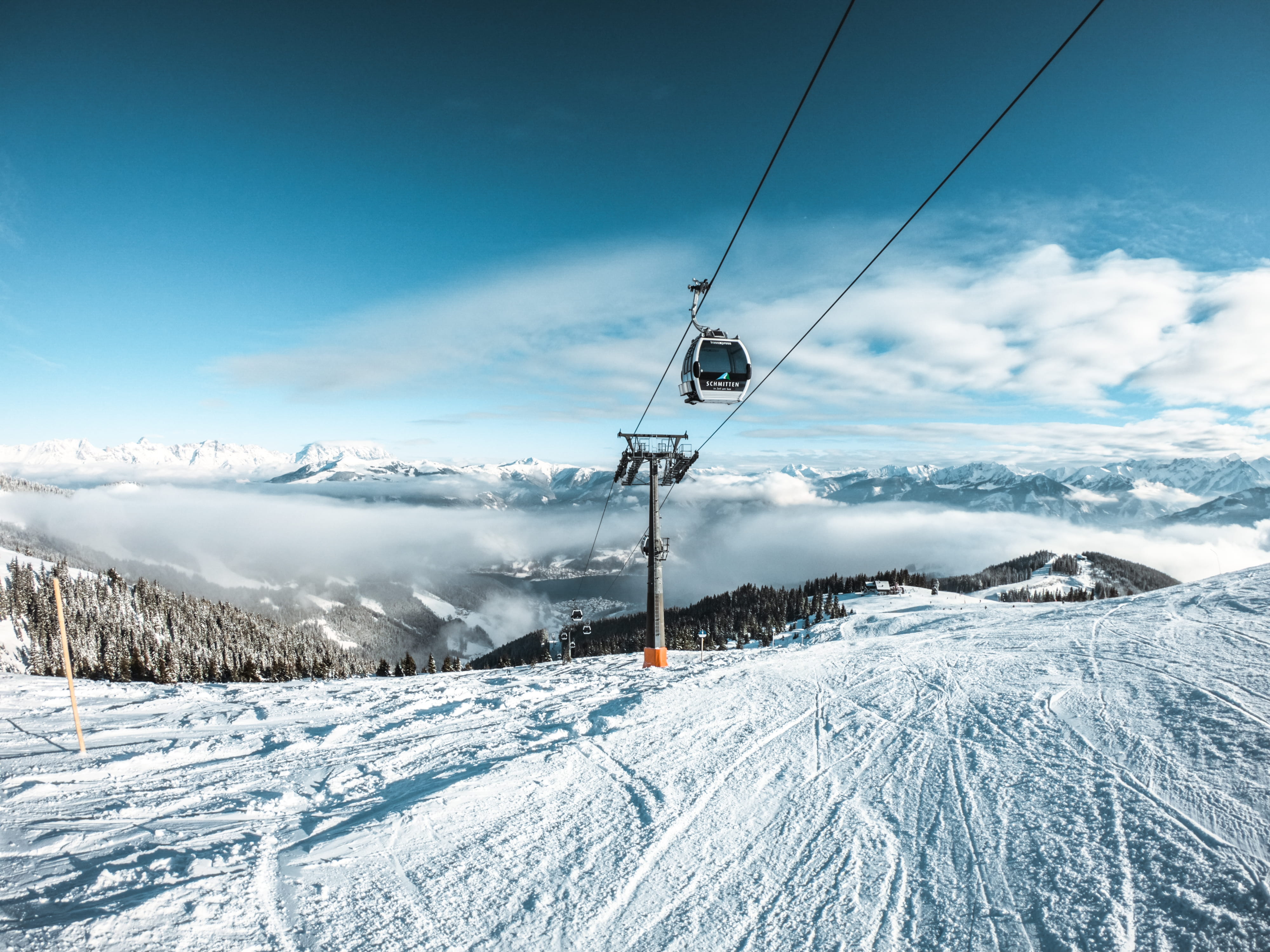 austria, vehicle, white color, sport, 4K, mountain range, ski lift, hero7, human, gopro, slope, daytime, outdoors, covered, piste, nature, utility pole, HD Wallpaper