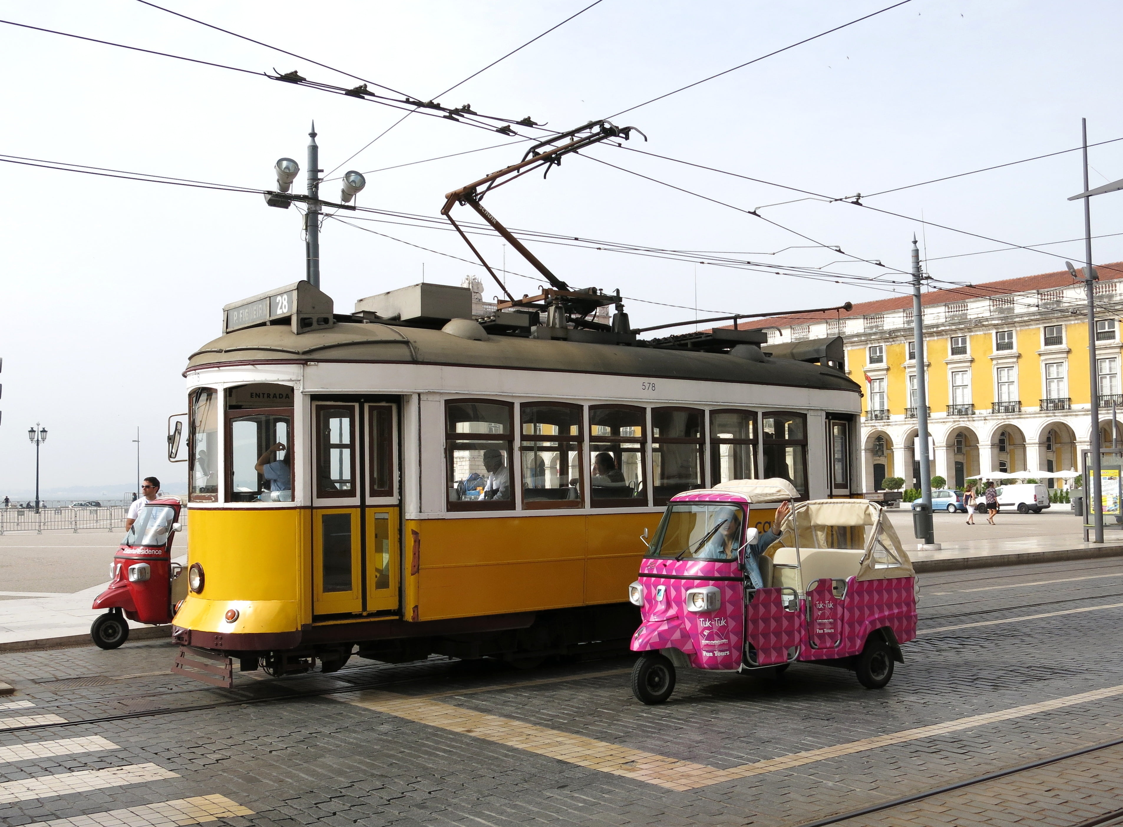 tourism, building exterior, traffic, yellow, tramway, tuk tuk, day, nature, railroad track, portugal, overhead Cable Car, vehicle, lisbon, transport, incidental people, HD Wallpaper