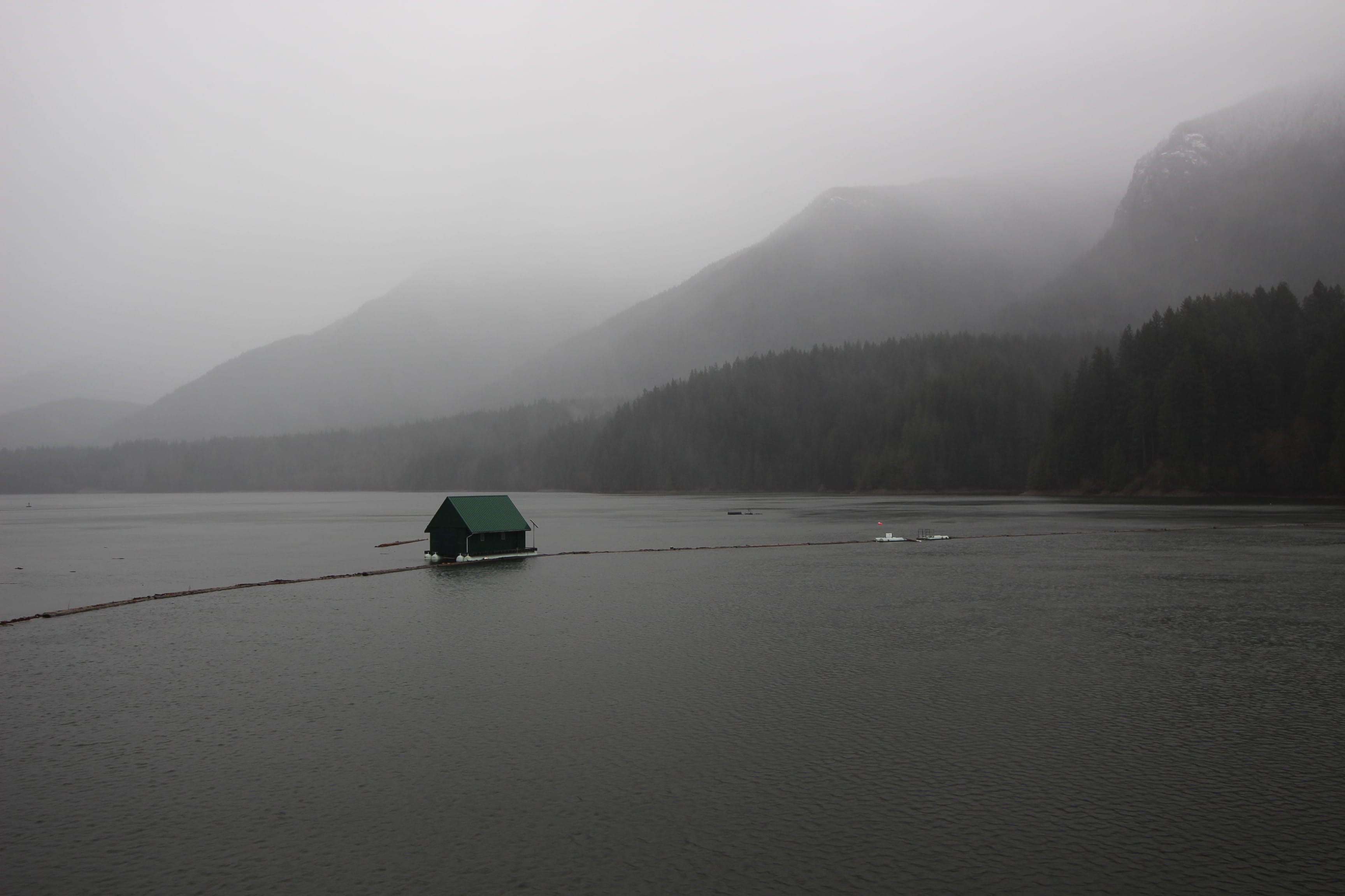 ominous, beauty in nature, mountain, tranquility, fog, sky, mountain range, trees, non-urban scene, lake, water, mode of transportation, black and white, HD Wallpaper