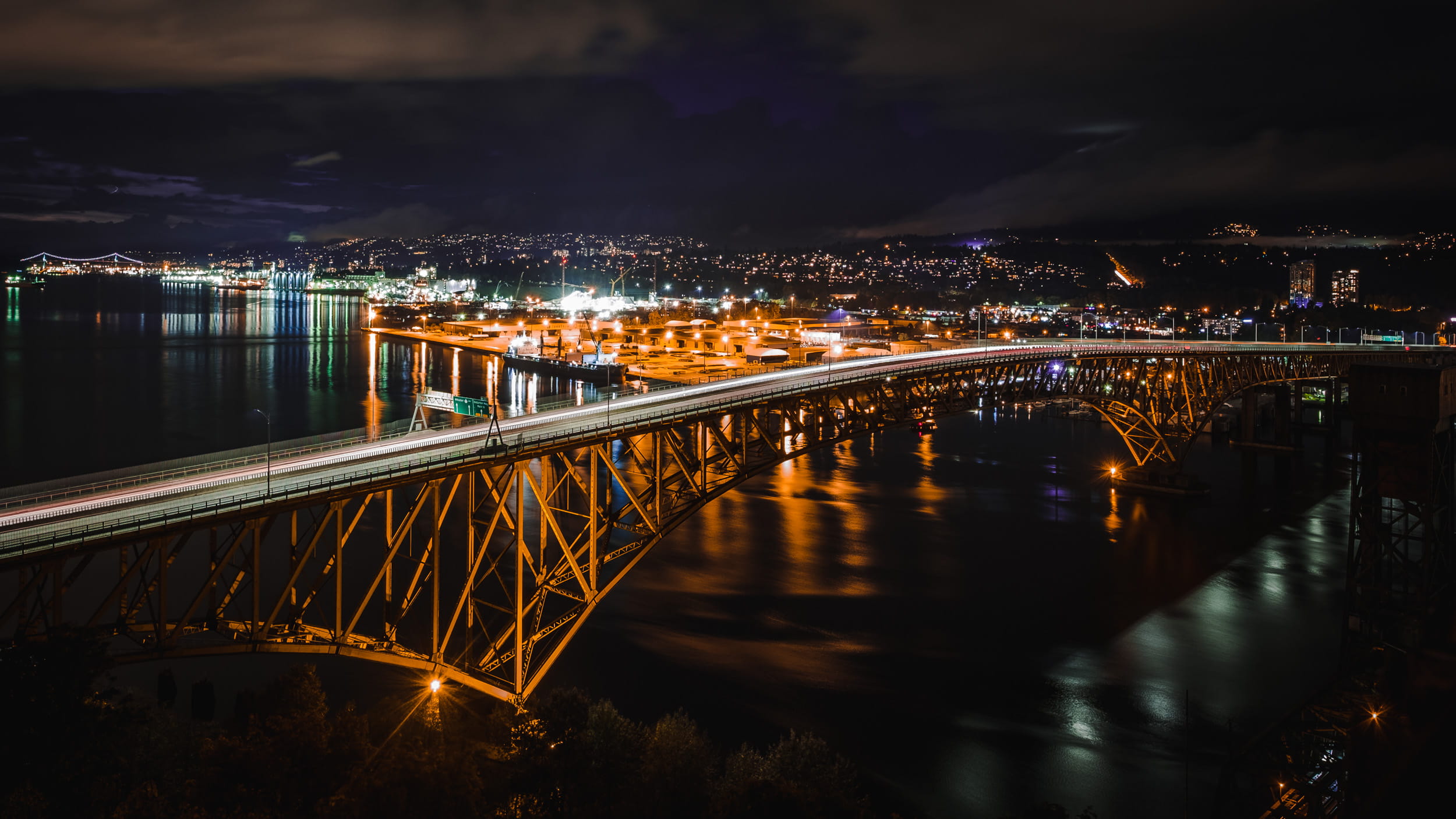 highway, second narrows bridge, harbour, building exterior, vancouver, canada, illuminated, cloud - sky, cityscape, port, river, long exposure, night, water, HD Wallpaper