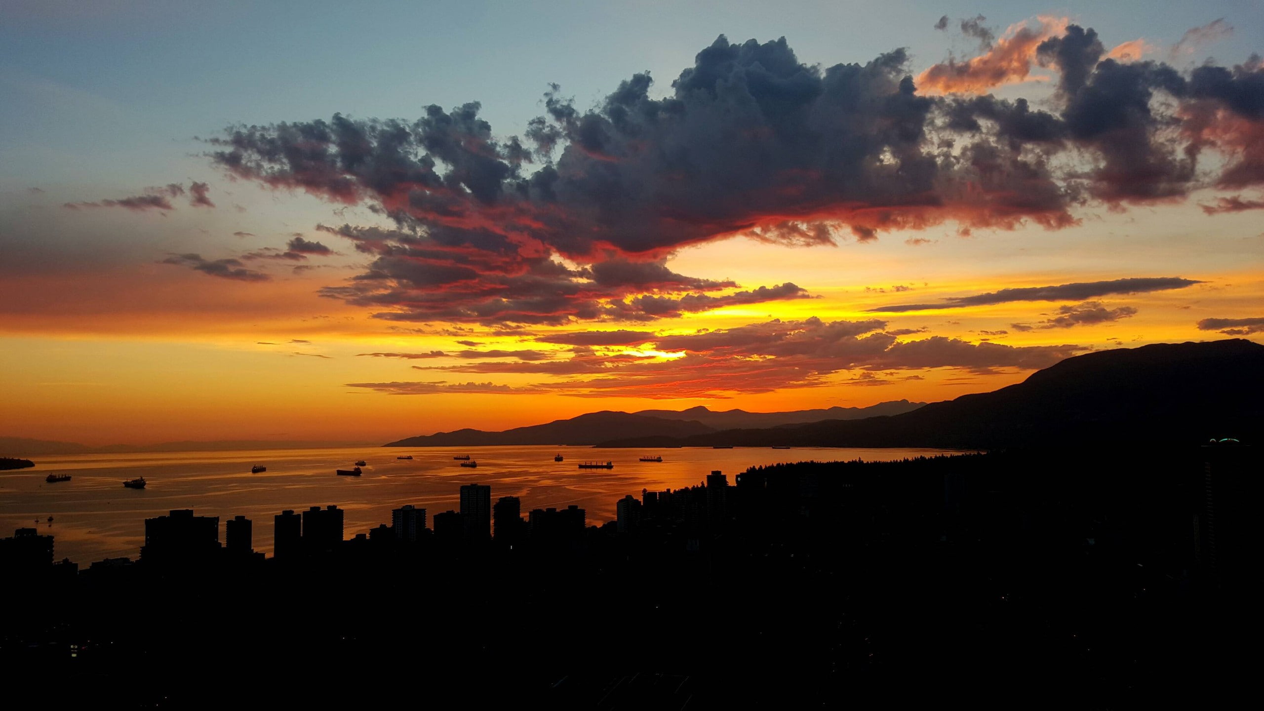 city, clouds, nature, cityscape, silhouette, beauty in nature, British Columbia, Vancouver, romantic sky, scenics - nature, mountains, orange color, no people, HD Wallpaper