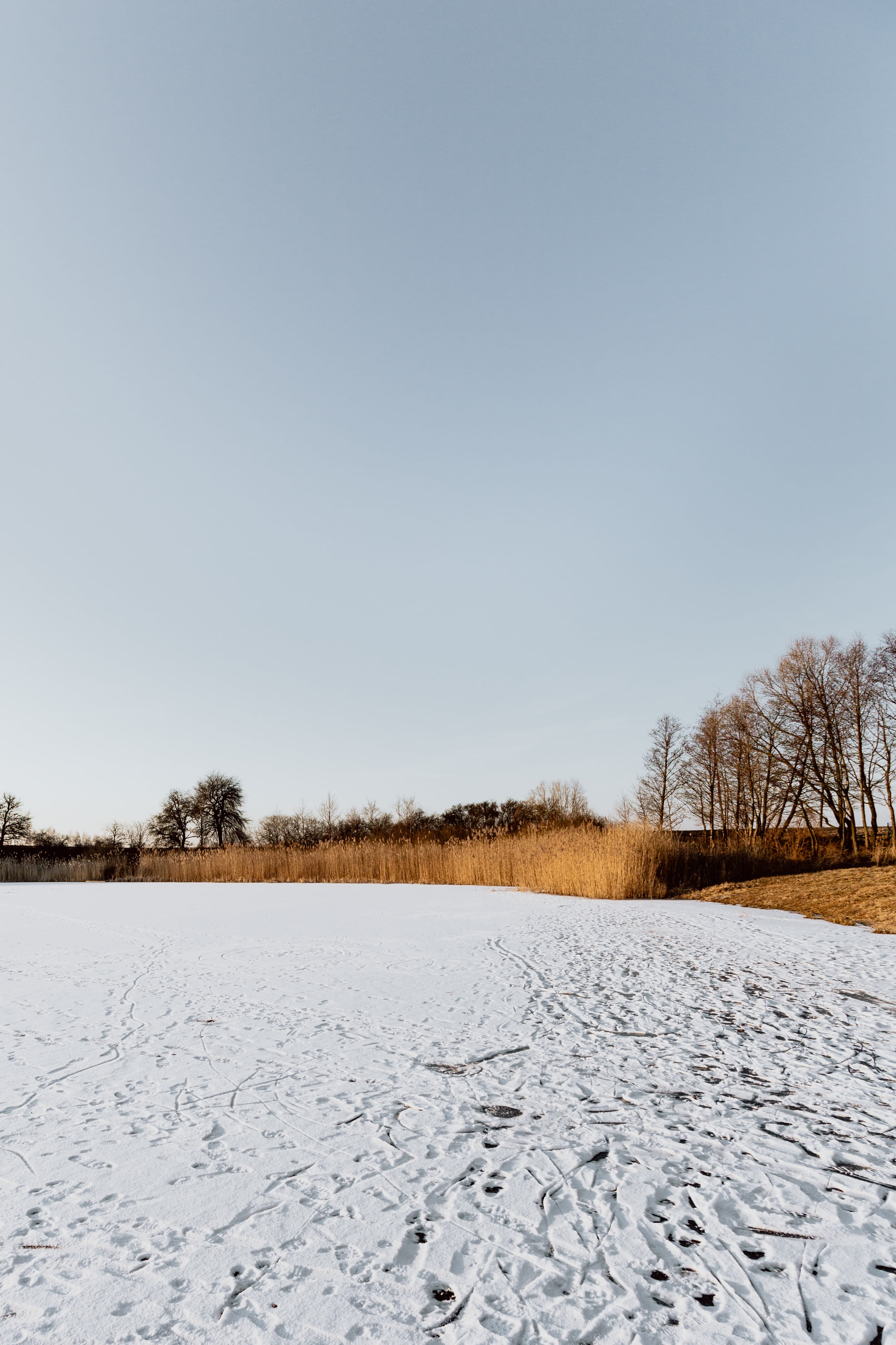 lake, magic hour, winter, sky, middle, beauty in nature, covering, scenics - nature, 4K, adventure, tranquility, field, outdoors, land, sunset, clear sky, Phone HD Wallpaper