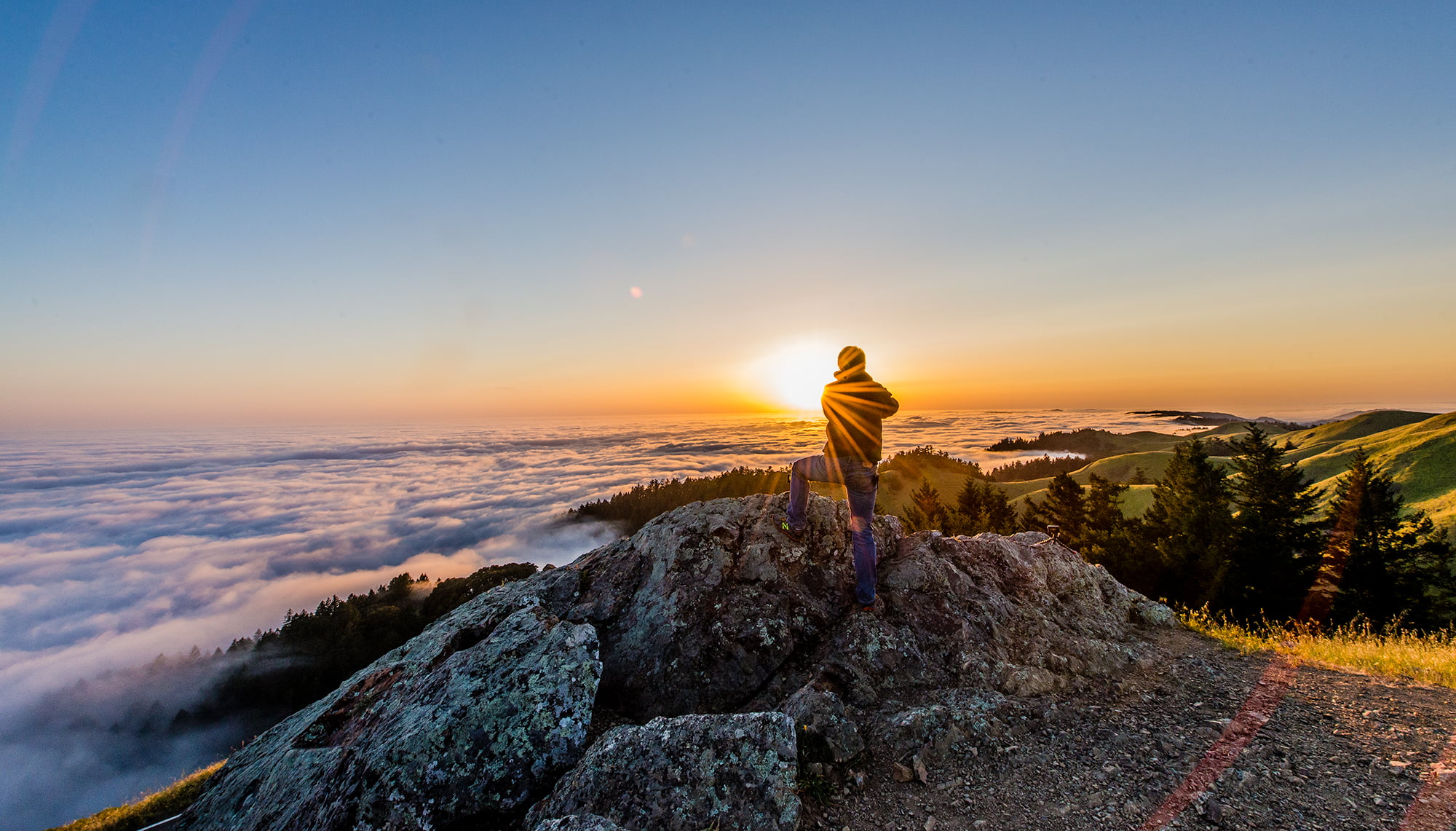 outdoors, Sunset, standing, photoshoot, mountain, 1080P, mountain Peak, hiking, gray, nature, person, Shot, stone, fog, sport, Bay Area, sky, karl, HD Wallpaper