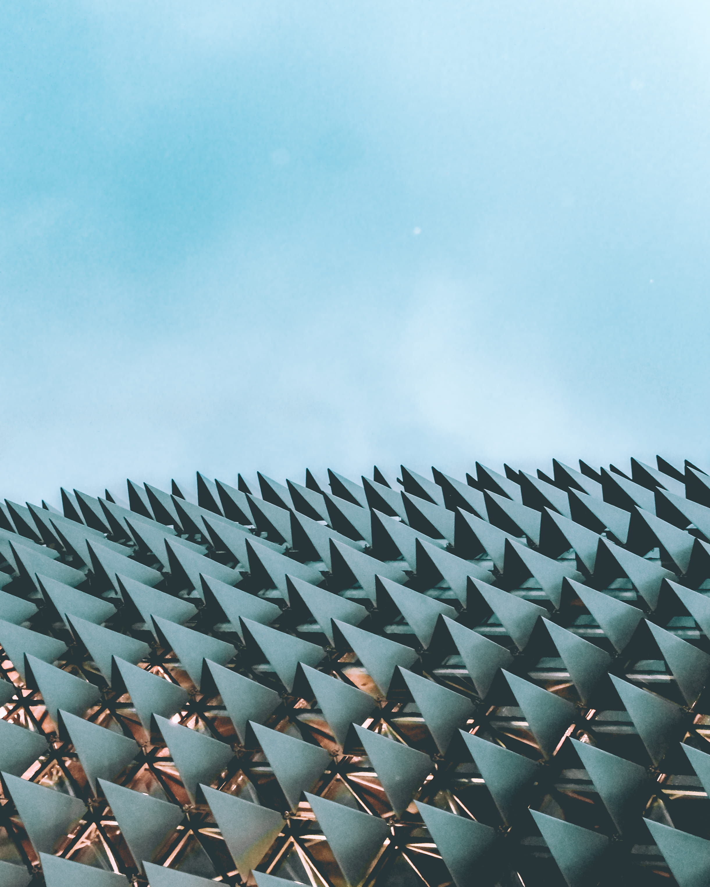 side by side, steel, built structure, conifer, sky, point, spiked, low angle view, grass, singapore, pattern, top, repetition, sharp, triangle, roof, design, Phone HD Wallpaper